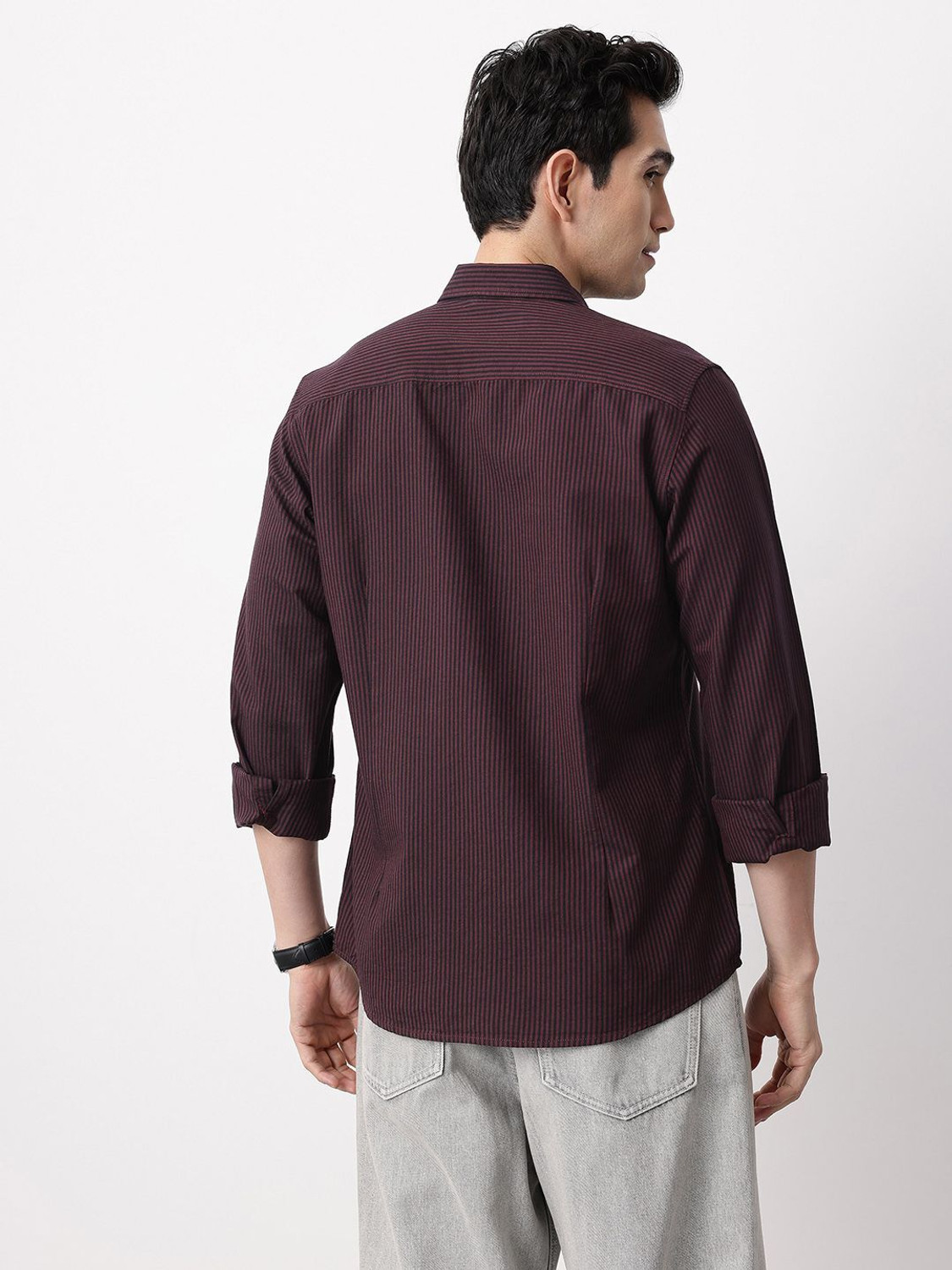 Image of Mast & Harbour Men Striped Casual Maroon Shirt