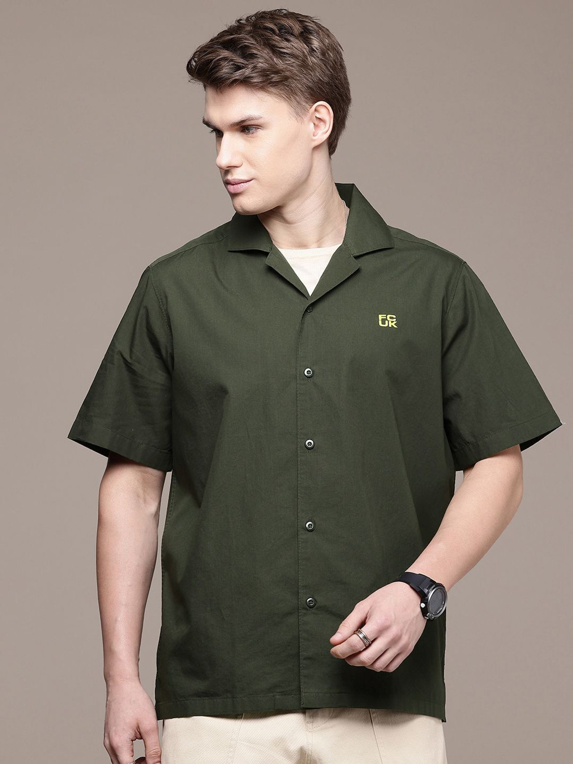 Image of FCUK Men Printed Casual Green Shirt