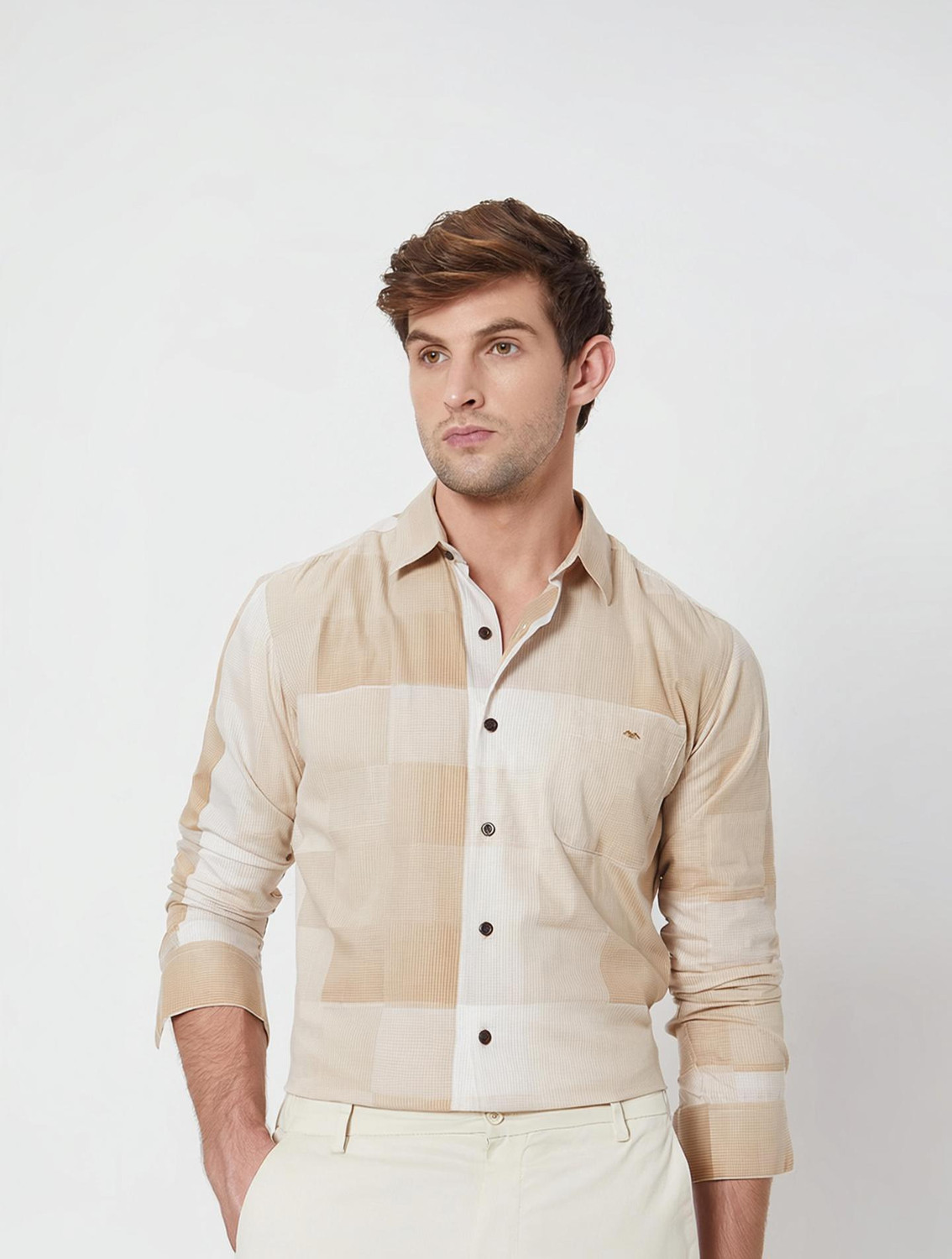 Image of MUFTI Men Checkered Casual White, Beige Shirt