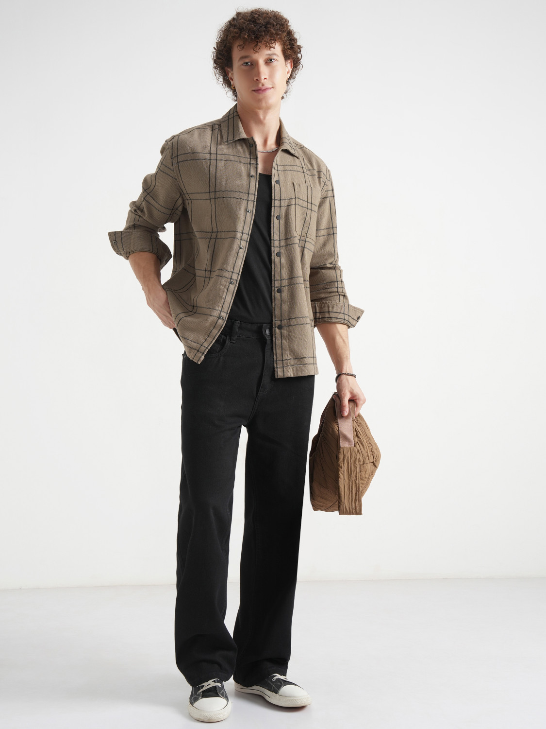 Image of HIGHLANDER Men Checkered Casual Khaki Shirt
