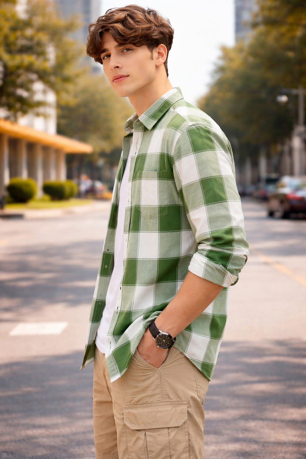 Image of FalconWear Men Checkered Casual Green, White Shirt