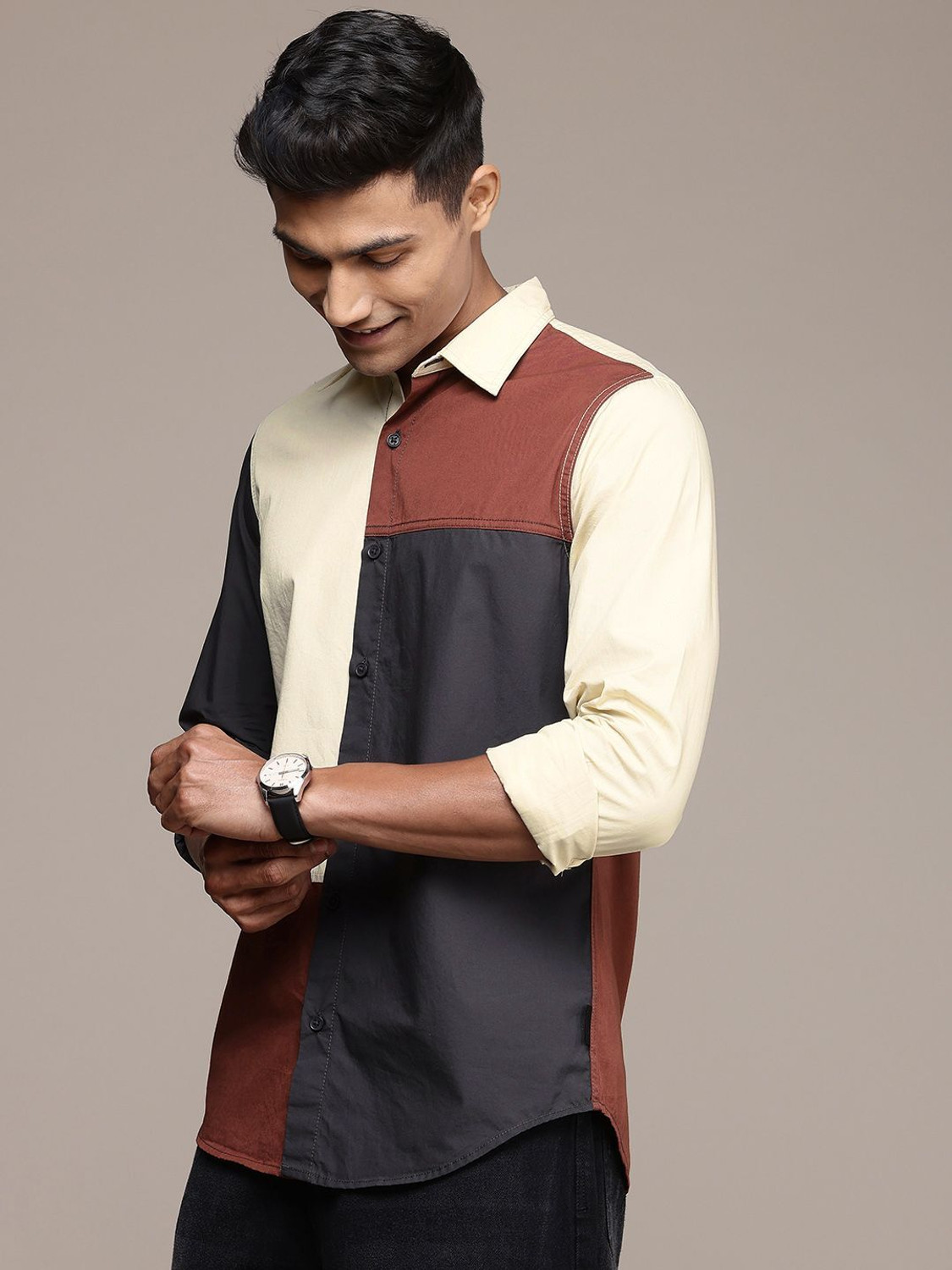 Image of WROGN Men Color Block Casual White Shirt
