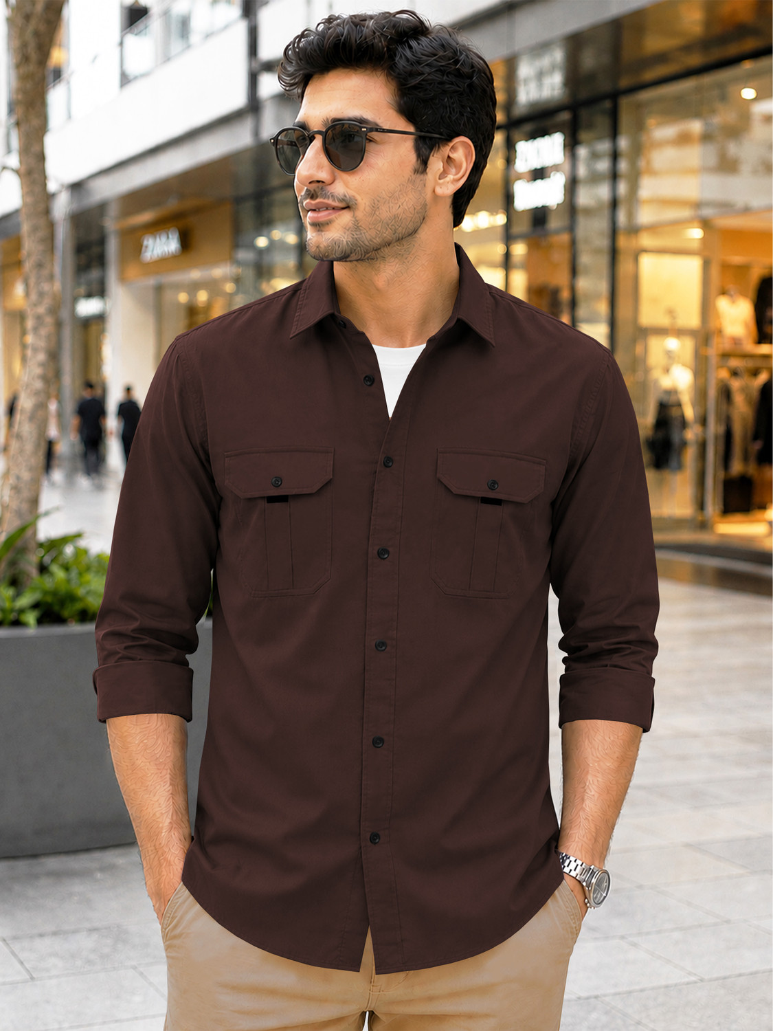 Image of VeBNoR Men Solid Casual Brown Shirt