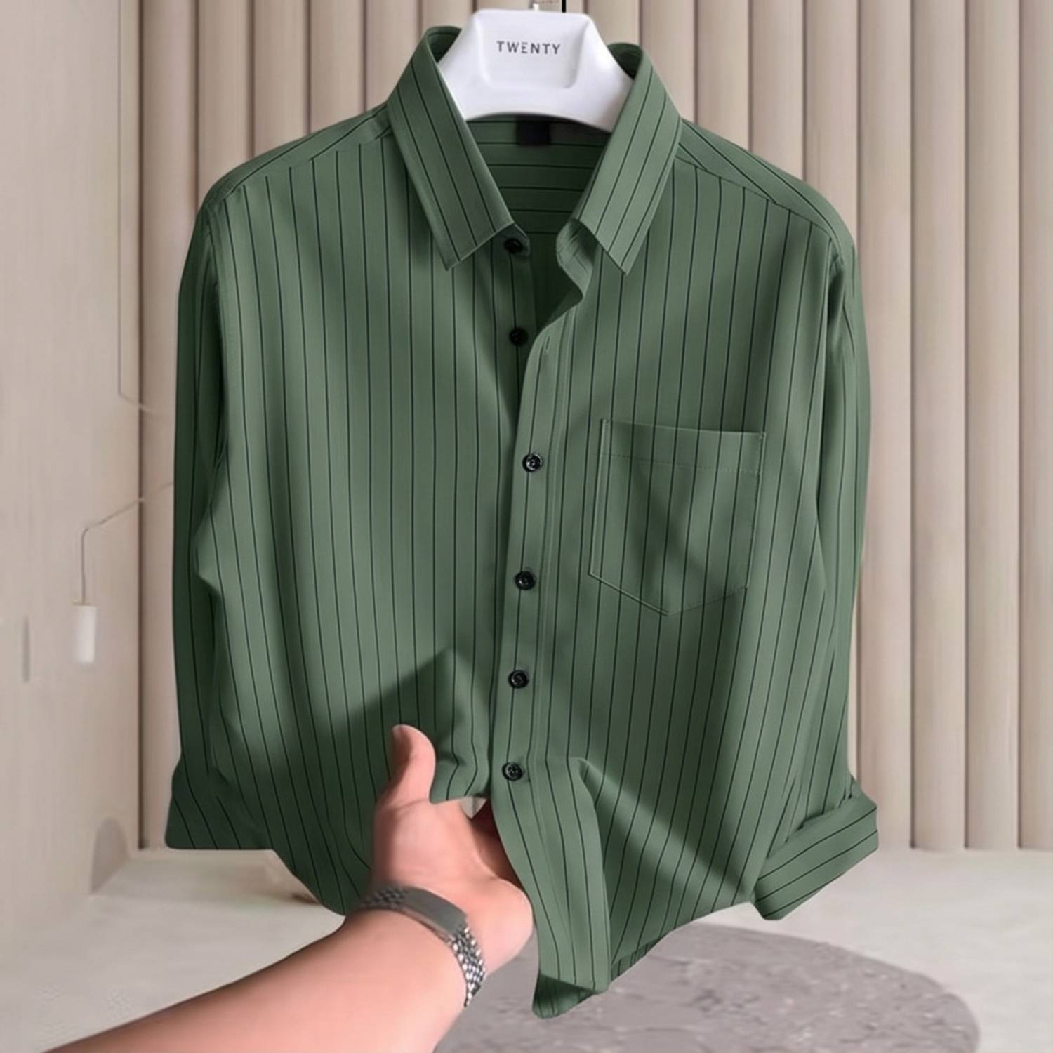 Boninos Men Striped Casual Green Shirt - Image 1