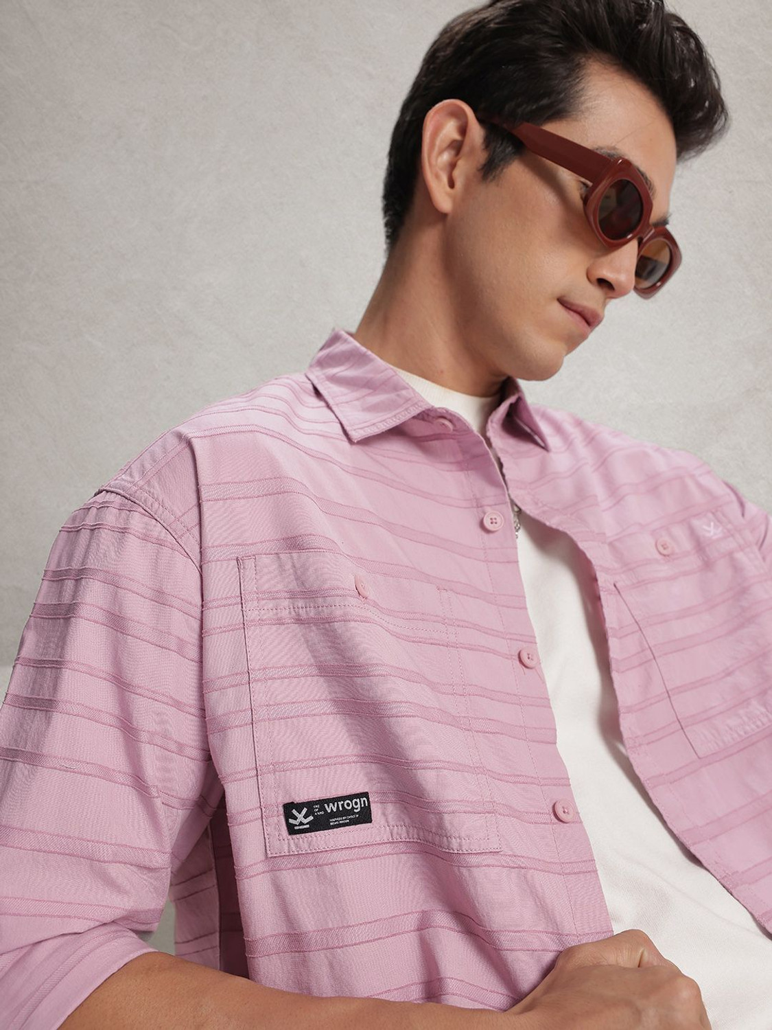 Image of WROGN Men Self Design Casual Pink Shirt