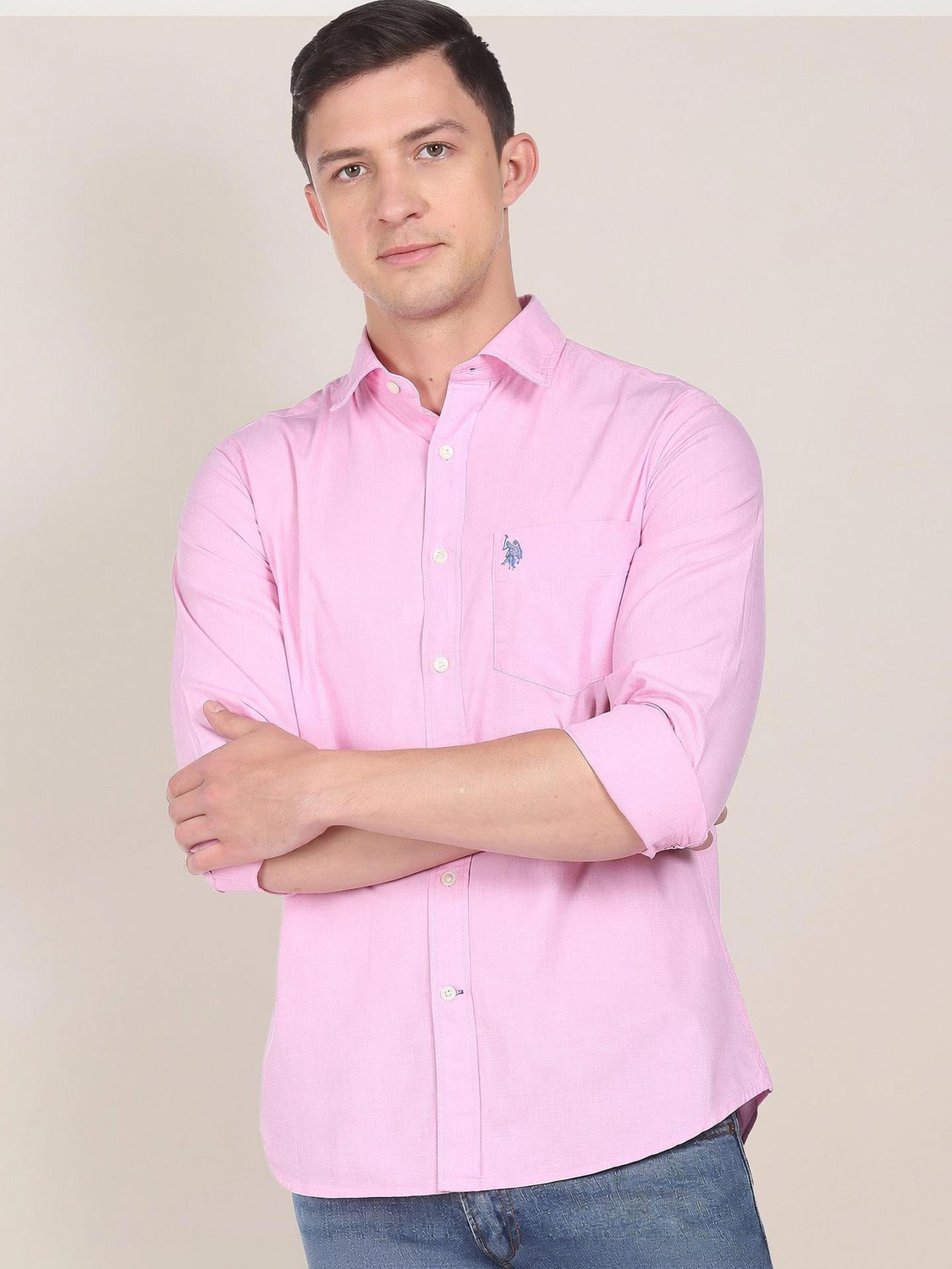 U.S. POLO ASSN. Men Solid Casual Pink Shirt