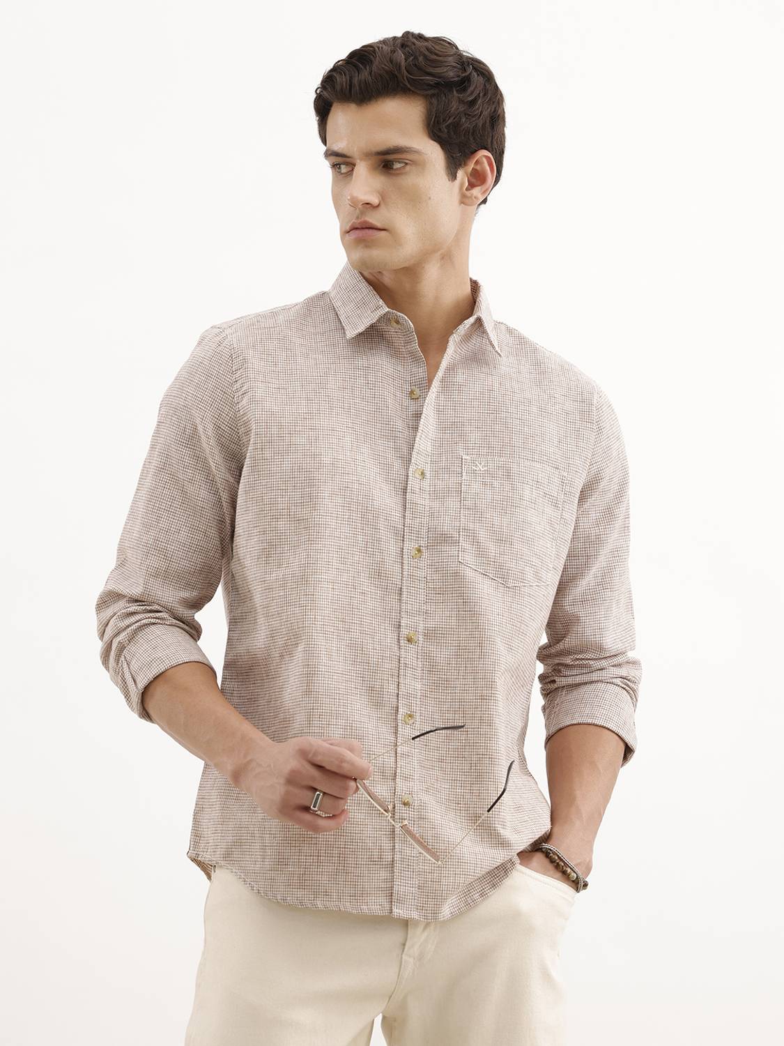WROGN Men Checkered Casual Brown Shirt - Image 1