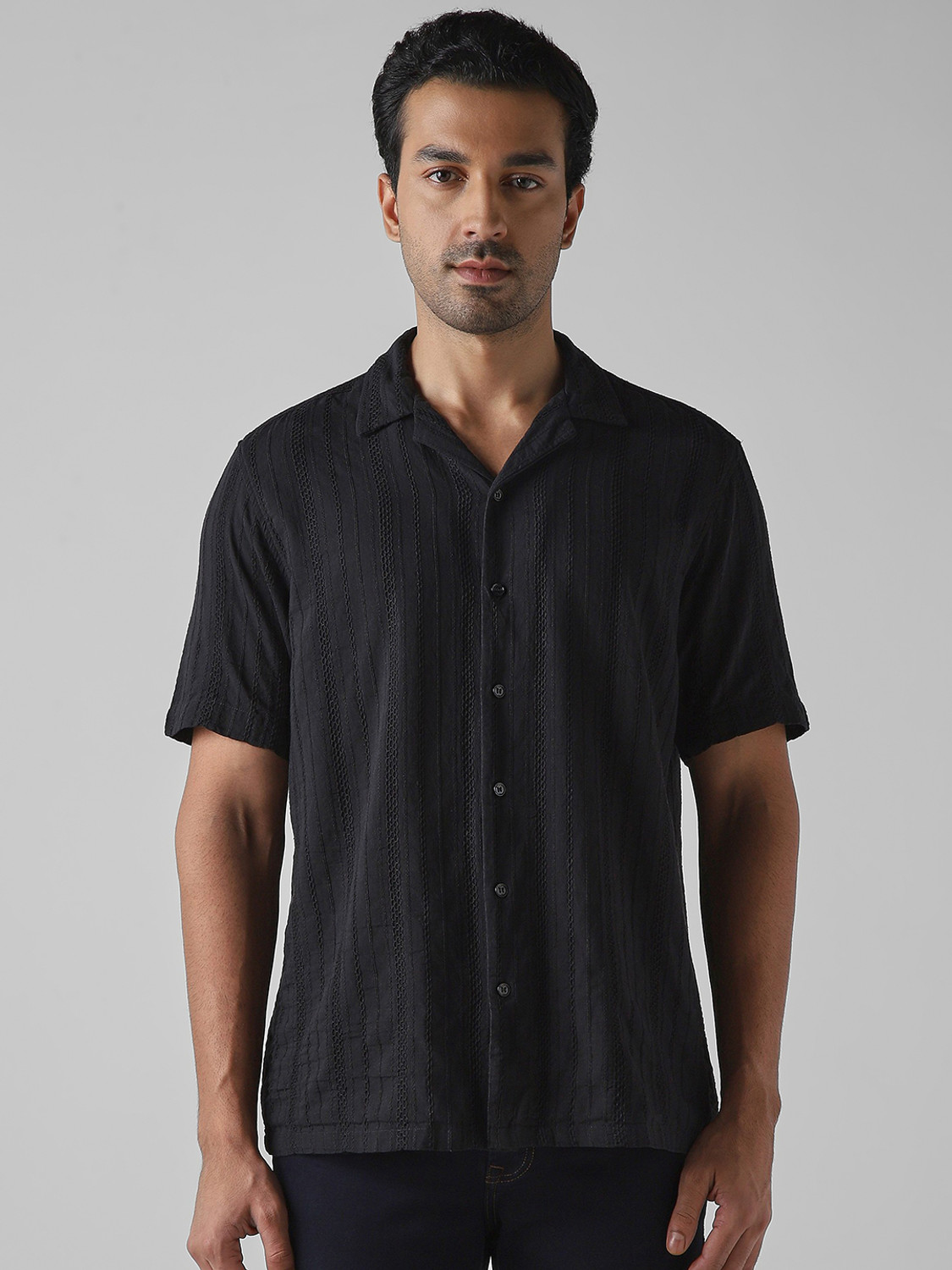 Image of MUFTI Men Solid Casual Black Shirt