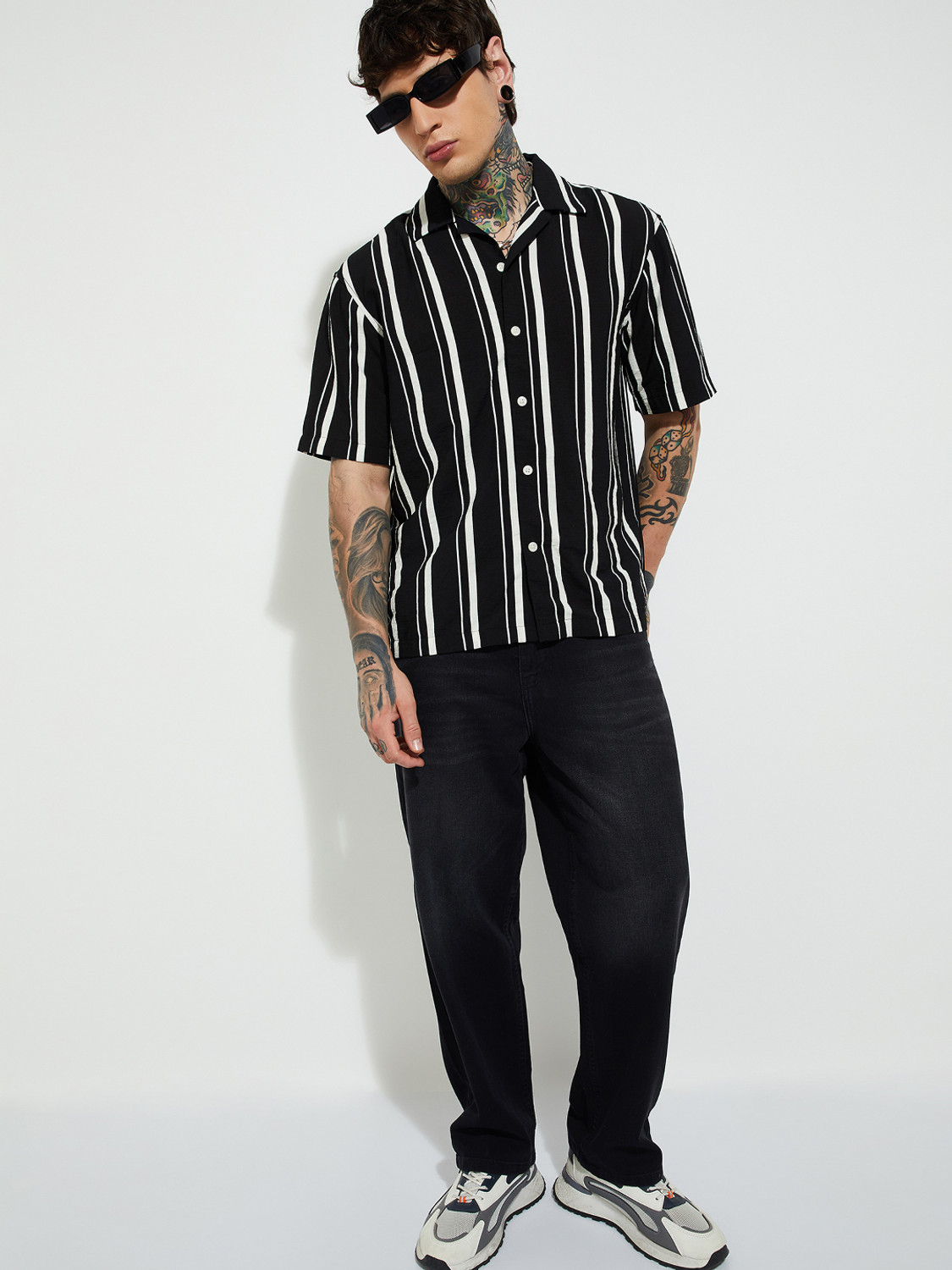 Image of MAX Men Striped Casual Black Shirt