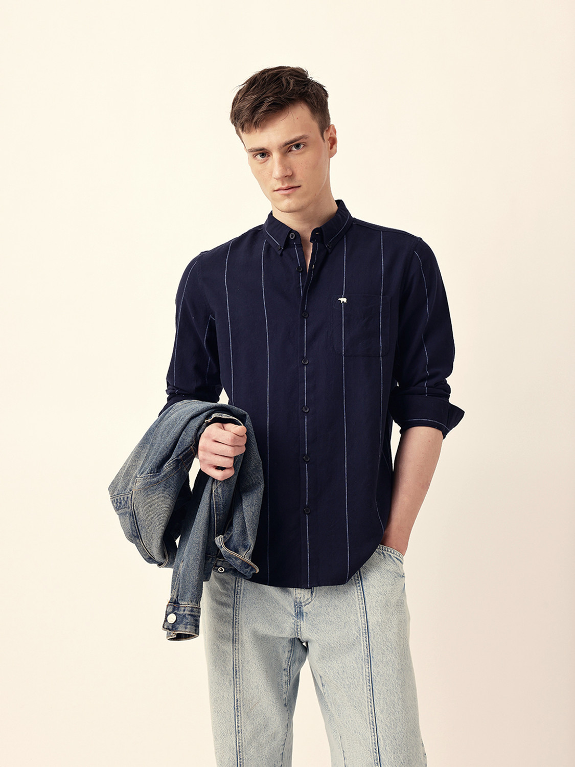 Image of THE BEAR HOUSE Men Striped Casual Dark Blue Shirt