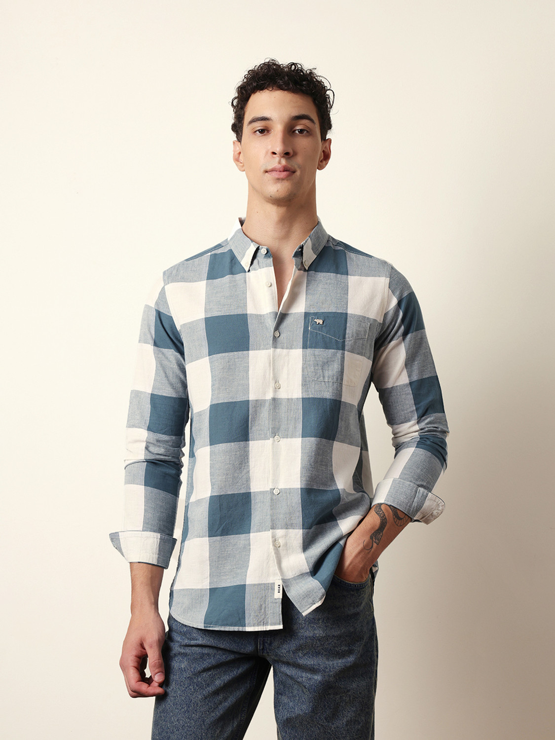 Image of THE BEAR HOUSE Men Checkered Casual Blue Shirt
