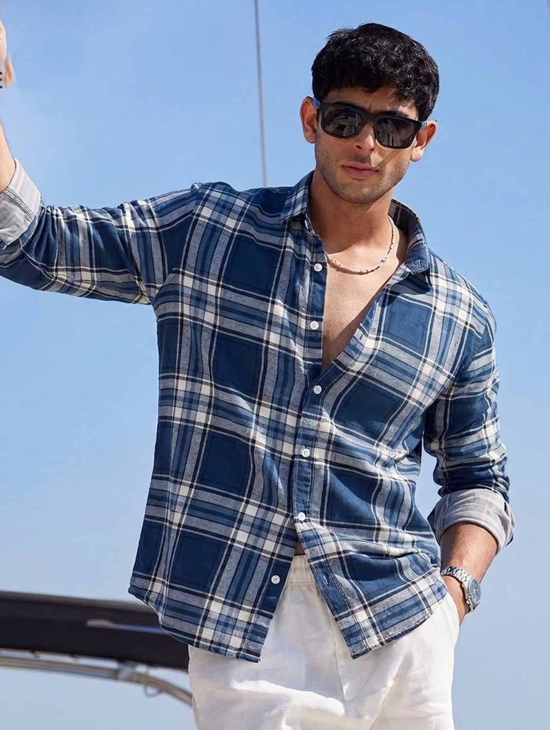 Image of Roadster Men Checkered Casual Blue, White Shirt