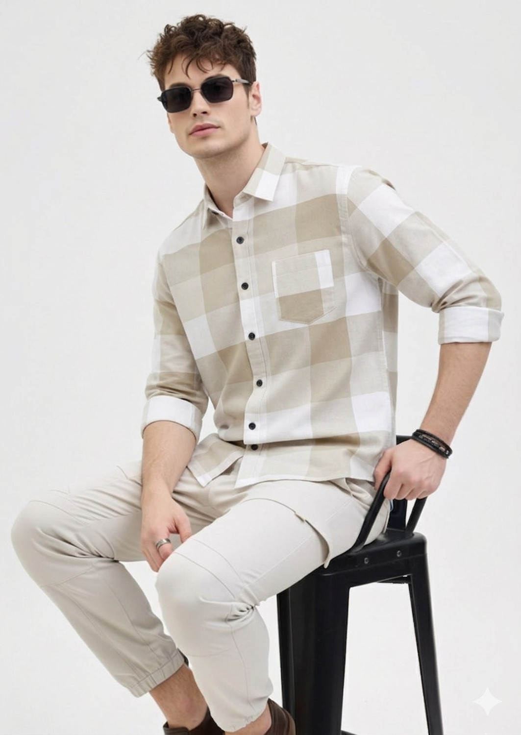 Image of DM FASHION Men Checkered Casual Beige, White Shirt