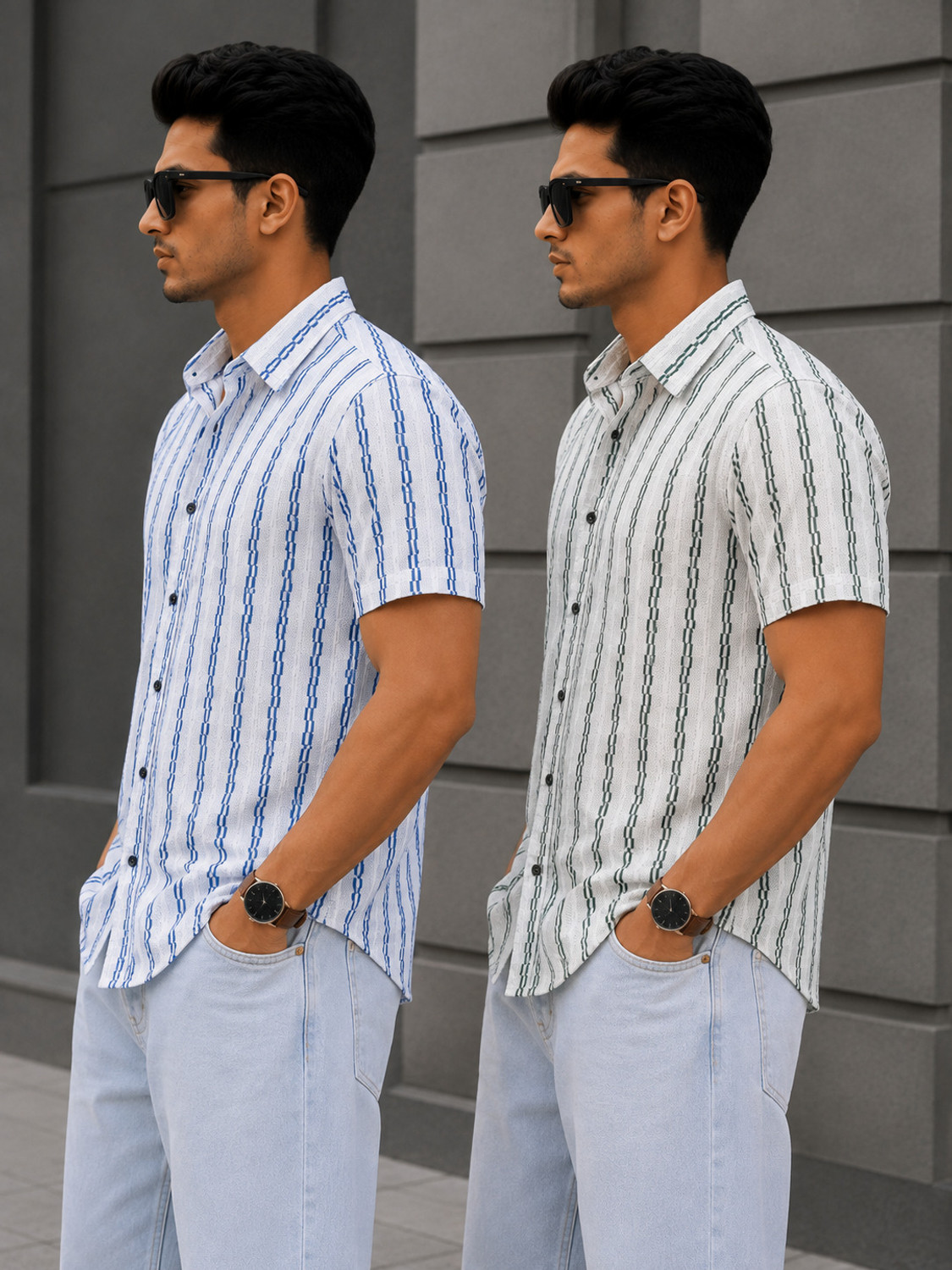 Image of VINTHON Men Striped Casual Blue, Green Shirt