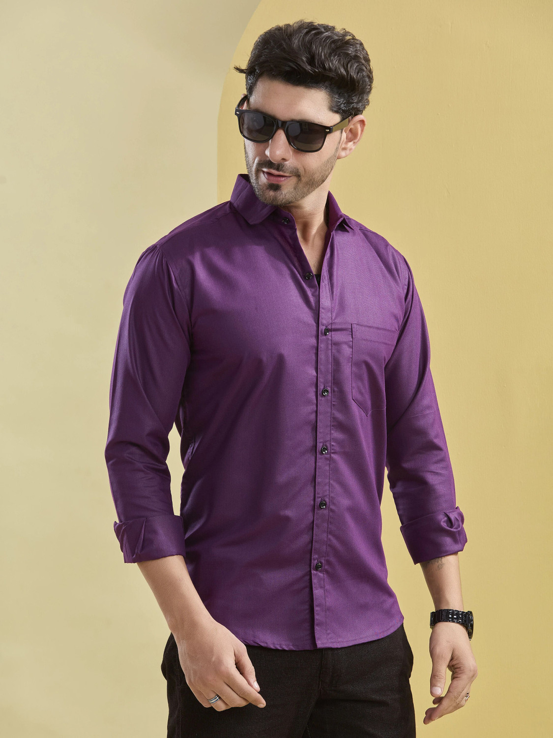 Image of STONEBERG Men Solid Formal Purple Shirt