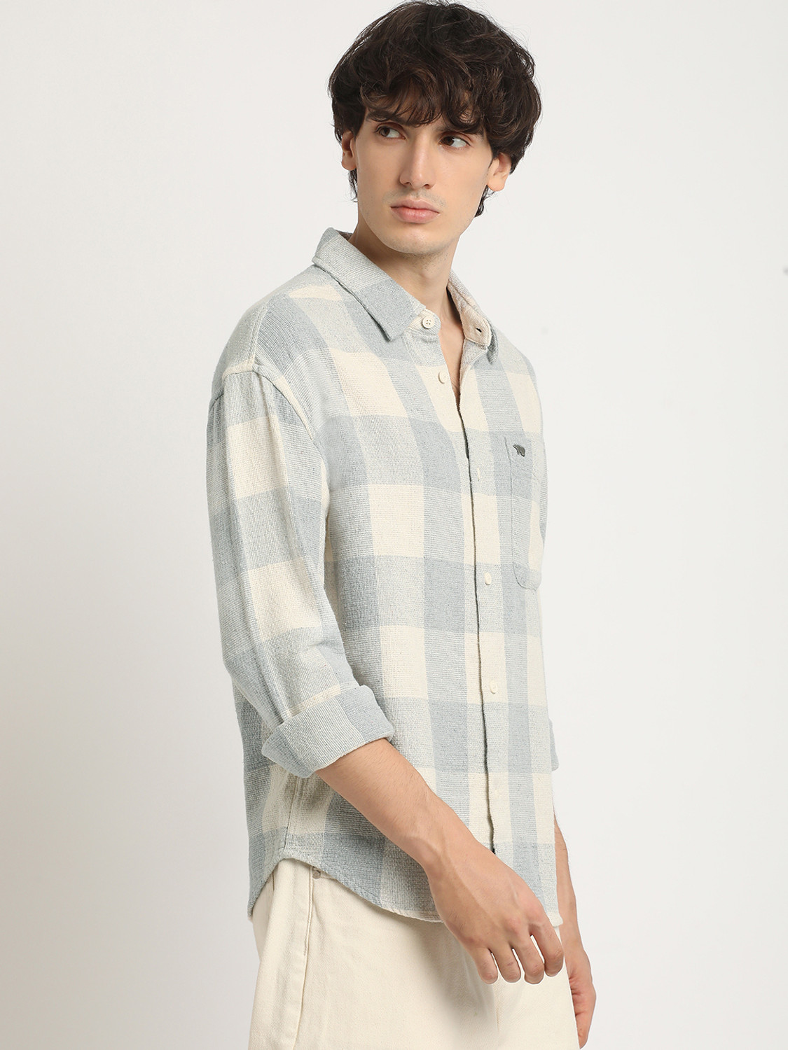 Image of THE BEAR HOUSE Men Checkered Casual Grey Shirt