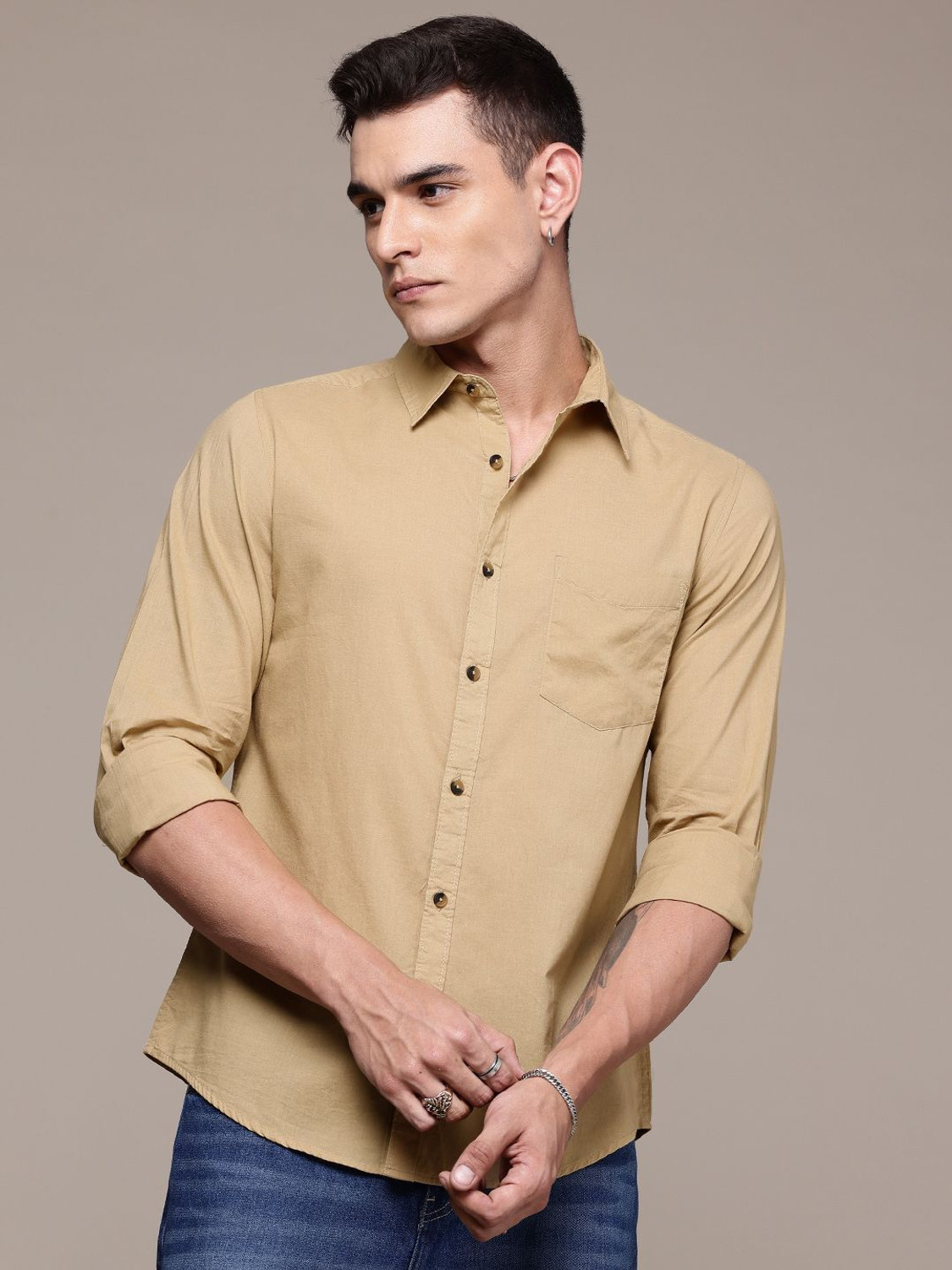 Image of Roadster Men Solid Casual Brown Shirt