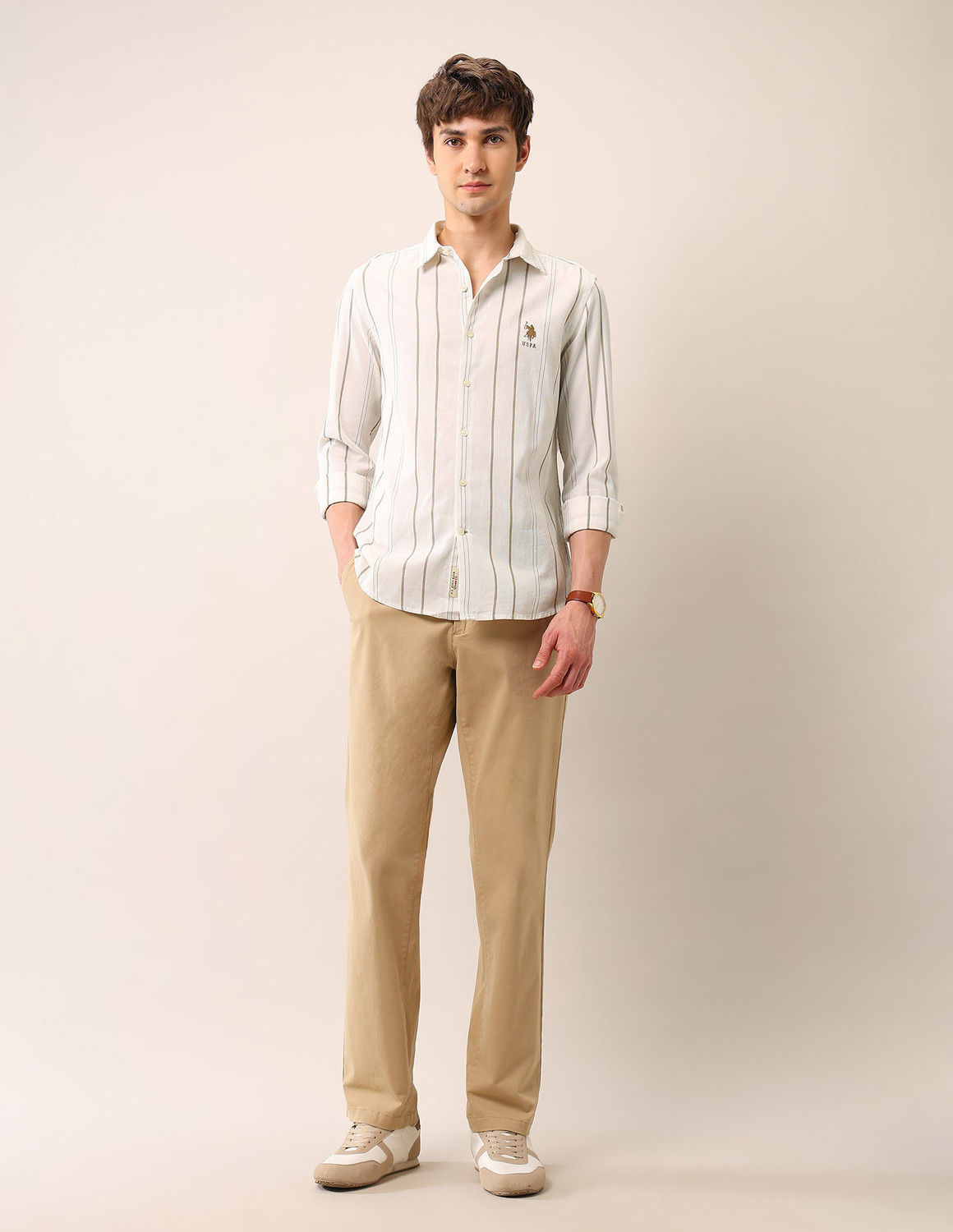 Image of U.S. Polo Assn. Denim Co. Men Striped Casual Beige Shirt