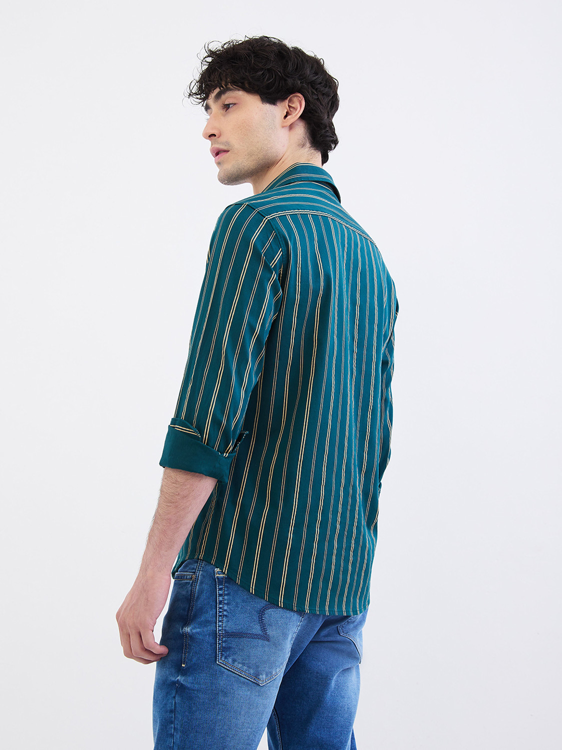 Image of Spykar Men Striped Casual Green Shirt