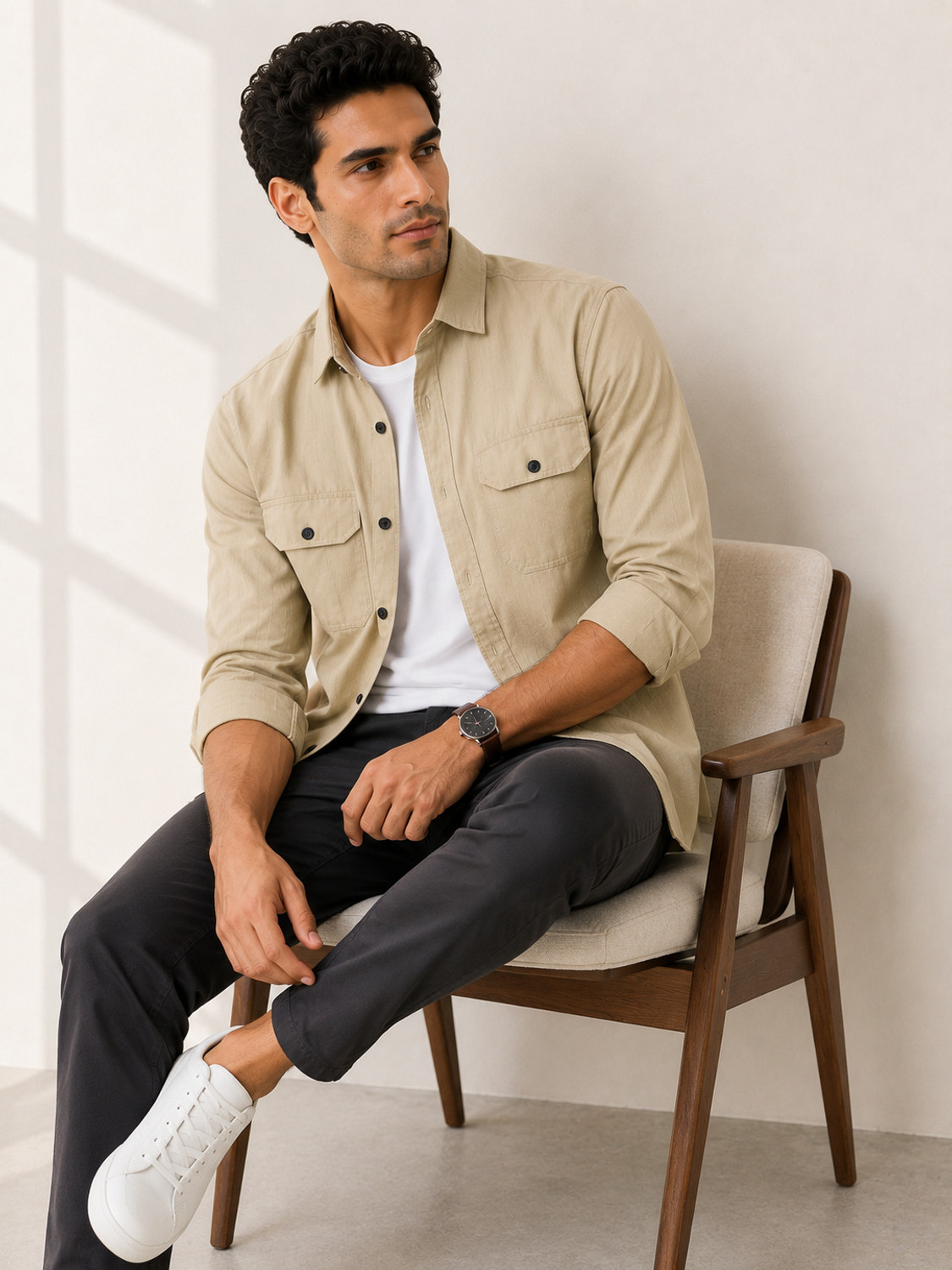 Image of Lyphy Men Solid Casual Beige Shirt