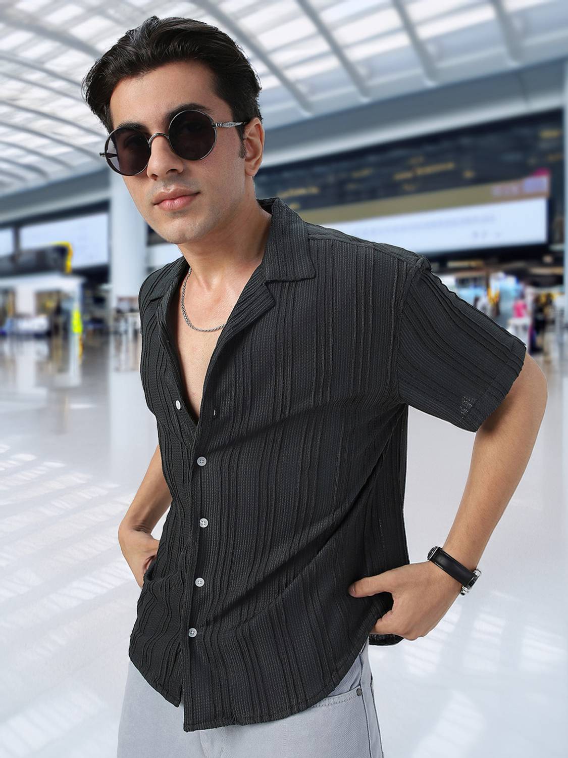 Urbano Fashion Men Oversized Fit Striped Lapel Collar Casual Shir