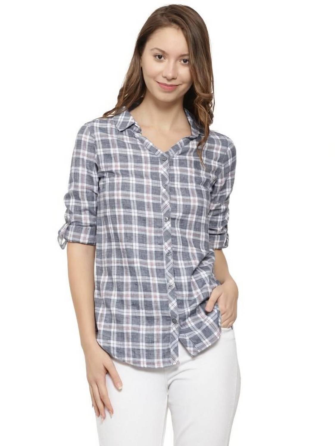 PINACOLADA Women Checkered Casual White, Grey Shirt