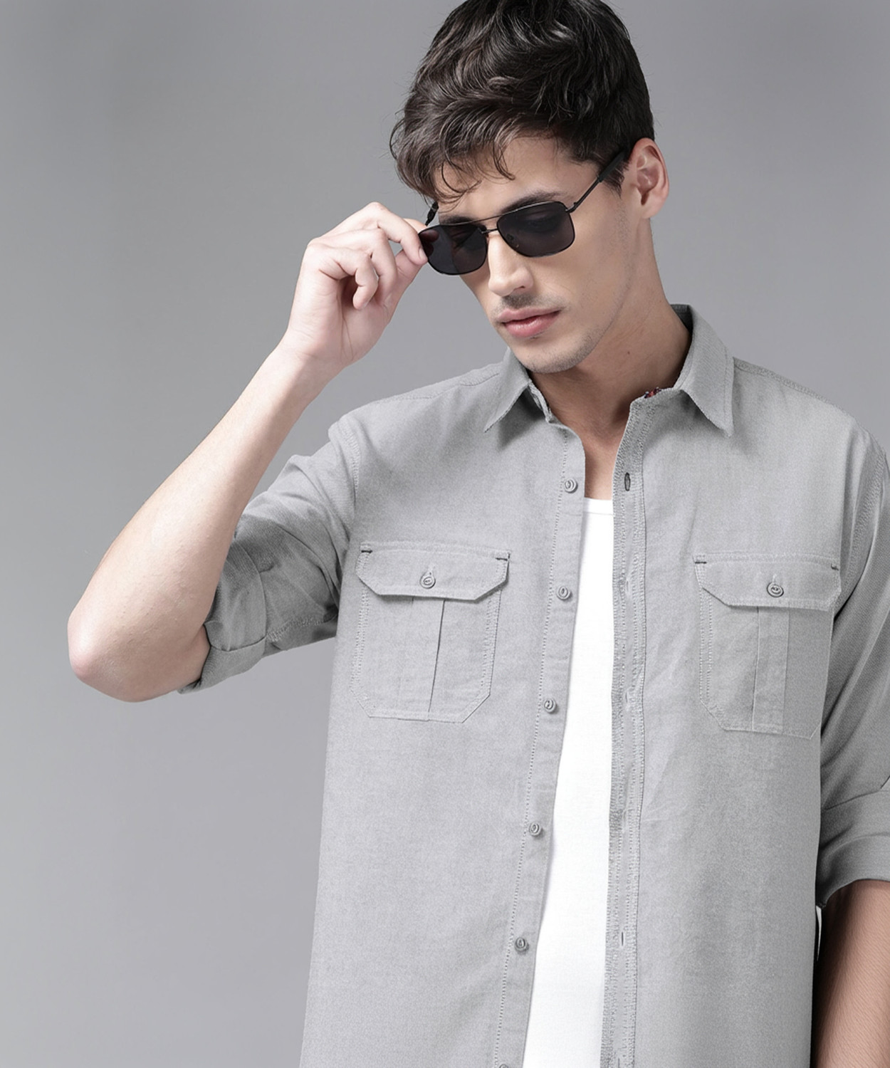 Image of Roadster Men Solid Casual Grey Shirt