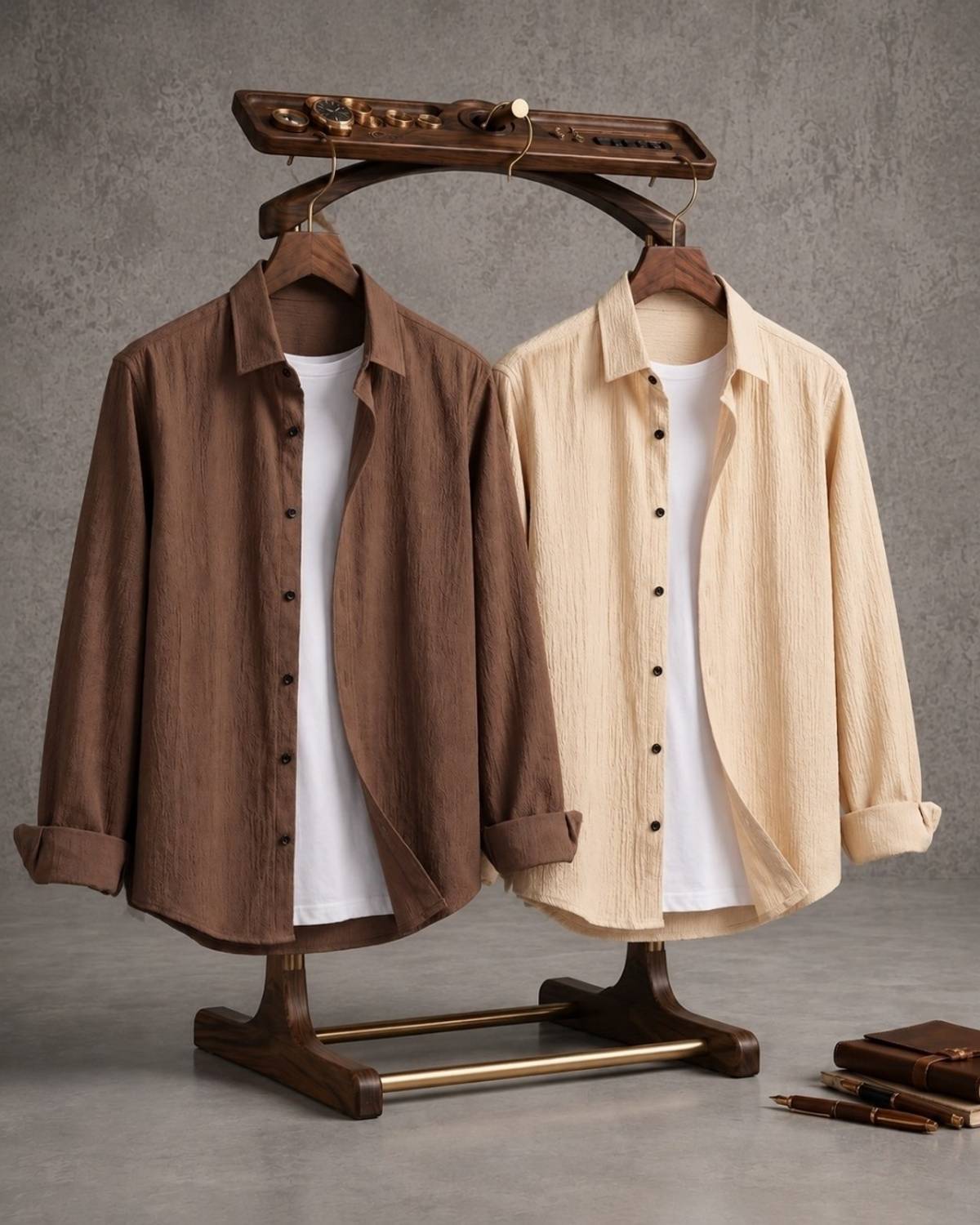 IKON Fashion Men Solid Casual Brown Beige Shirt