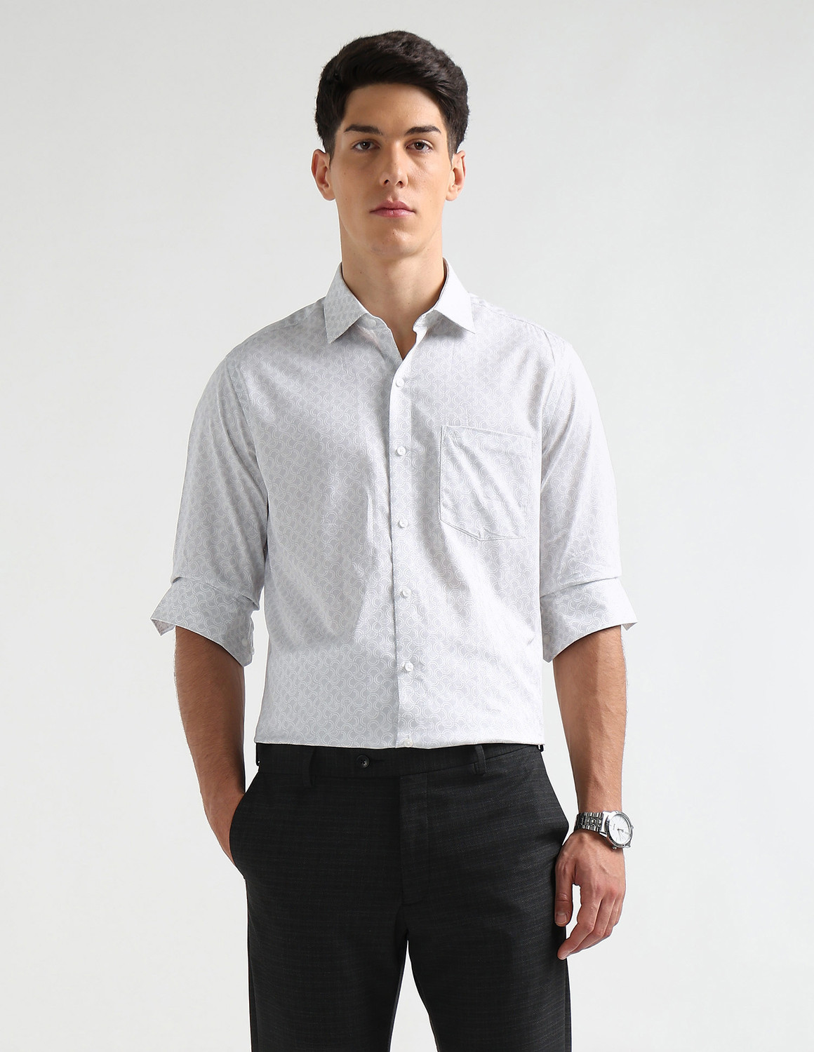 Image of ARROW Men Printed Formal Grey Shirt