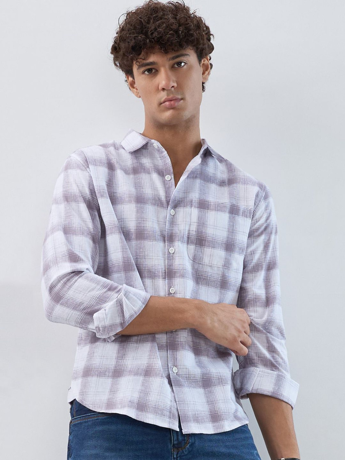 Image of HERE&NOW Men Checkered Casual White Shirt