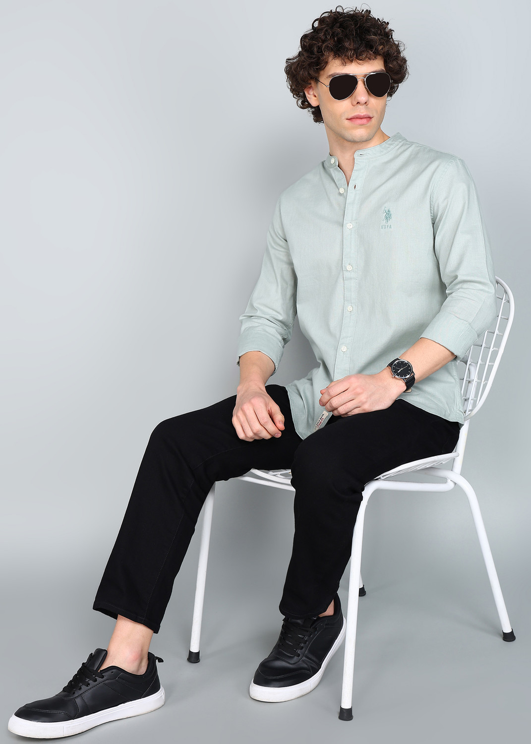 Image of U.S. POLO ASSN. Men Solid Casual Light Green Shirt