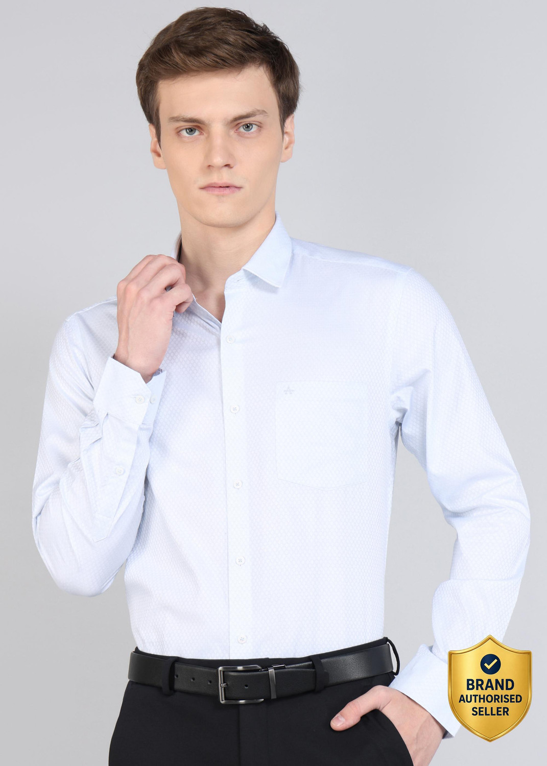 Image of ARROW Men Self Design Formal Blue Shirt