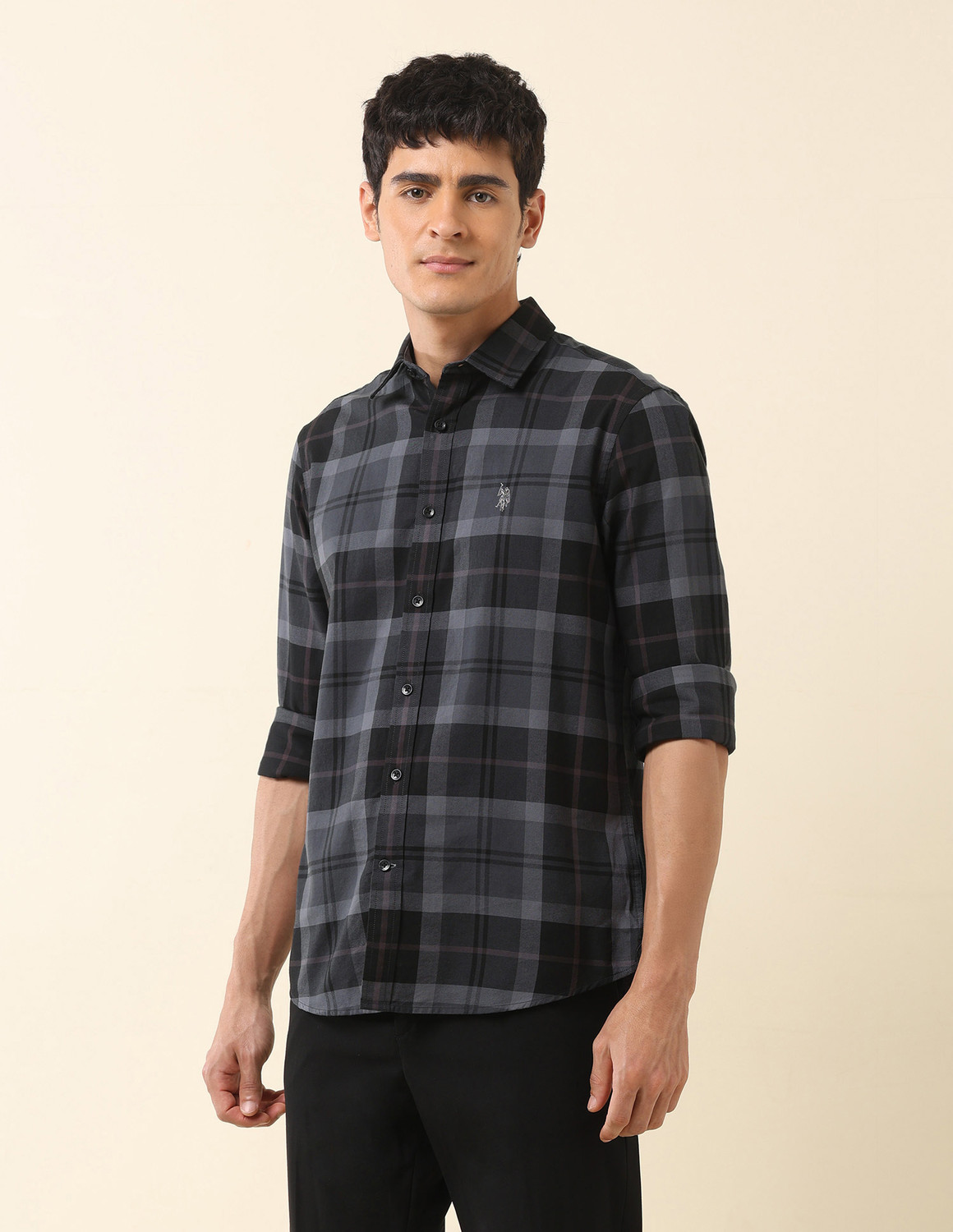 Image of U.S. POLO ASSN. Men Checkered Casual Grey Shirt
