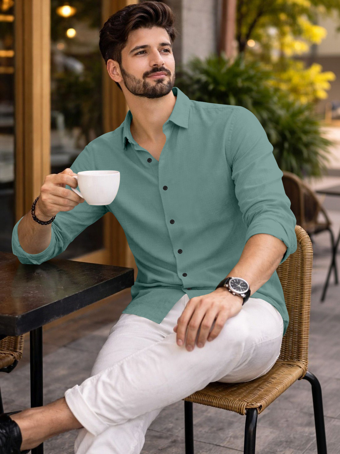 Image of Mameru Men Regular Fit Solid Cut Away Collar Casual Shirt