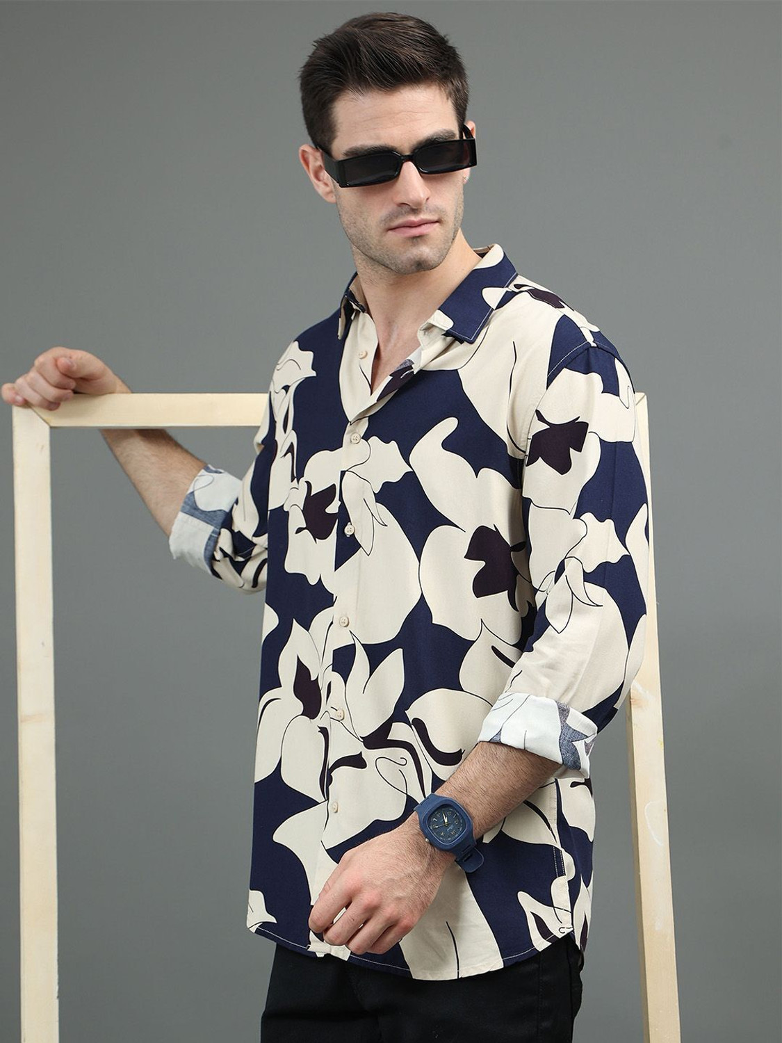 Image of HERE&NOW Men Printed Casual Blue Shirt
