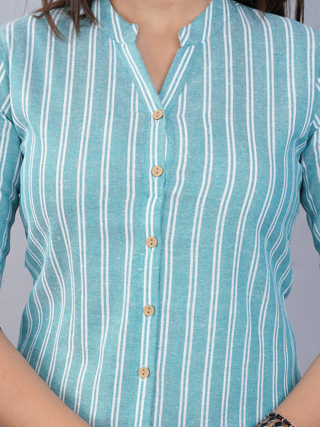 Image of FABISHO Women Striped Casual Light Blue Shirt