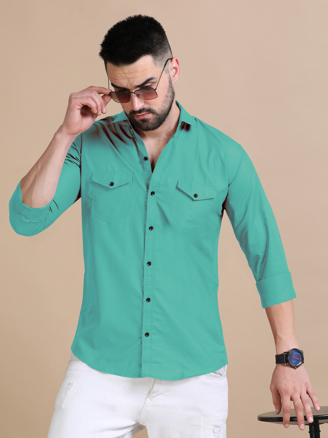 Image of VTEXX Men Solid Casual Light Green Shirt