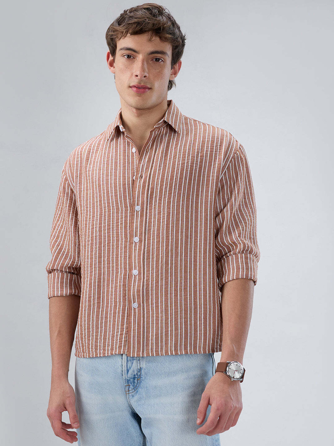 Image of VASTRADO Men Striped Casual Brown Shirt
