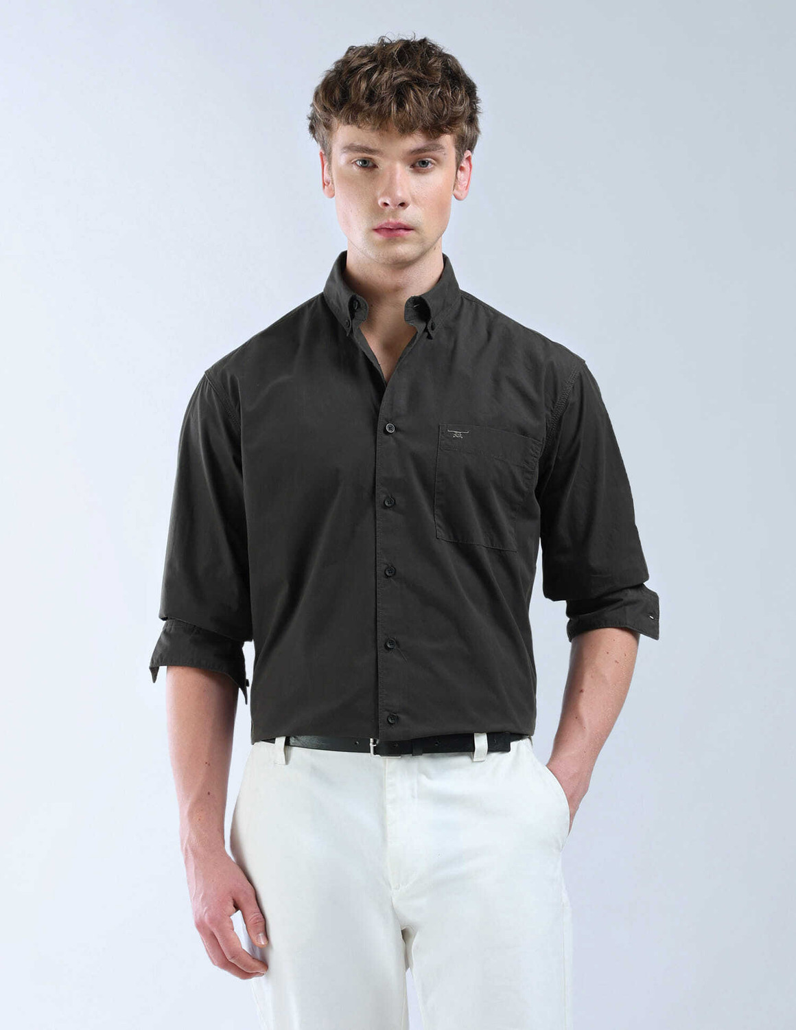 Image of FLYING MACHINE Men Solid Casual Black Shirt
