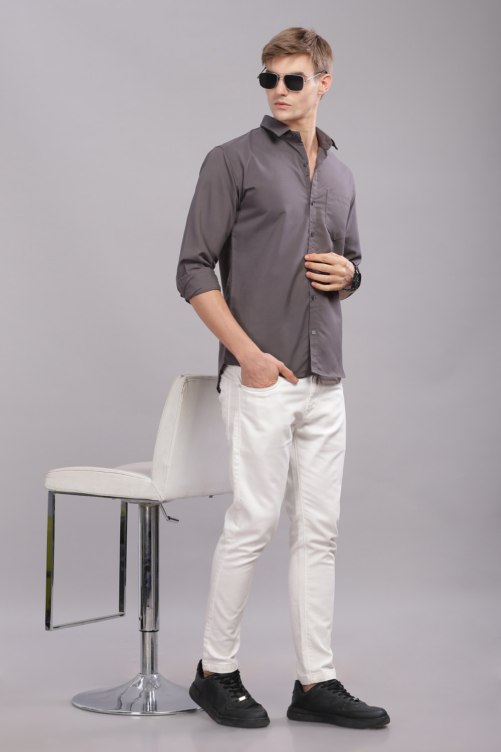 Image of Uzmax Men Solid Casual Grey Shirt