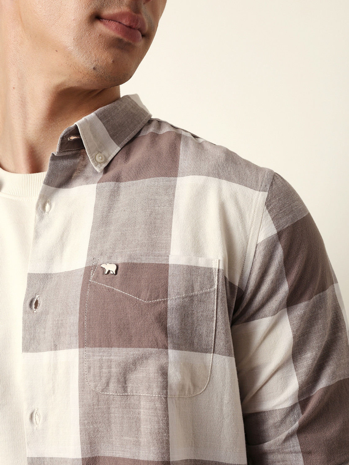 Image of THE BEAR HOUSE Men Checkered Casual Brown, White Shirt
