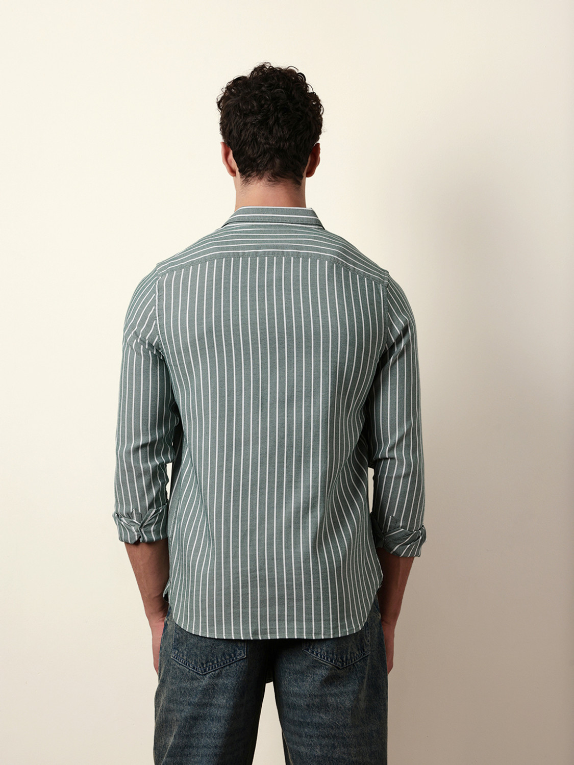 Image of THE BEAR HOUSE Men Striped Casual Green Shirt