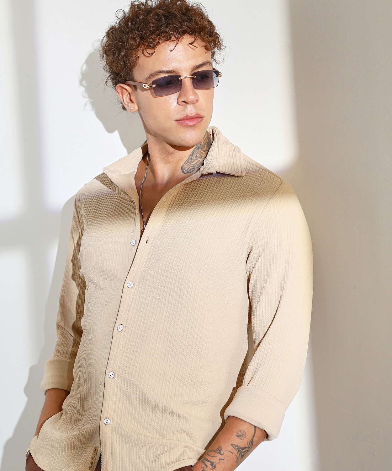 Image of CAMPUS SUTRA Men Solid Casual Beige Shirt