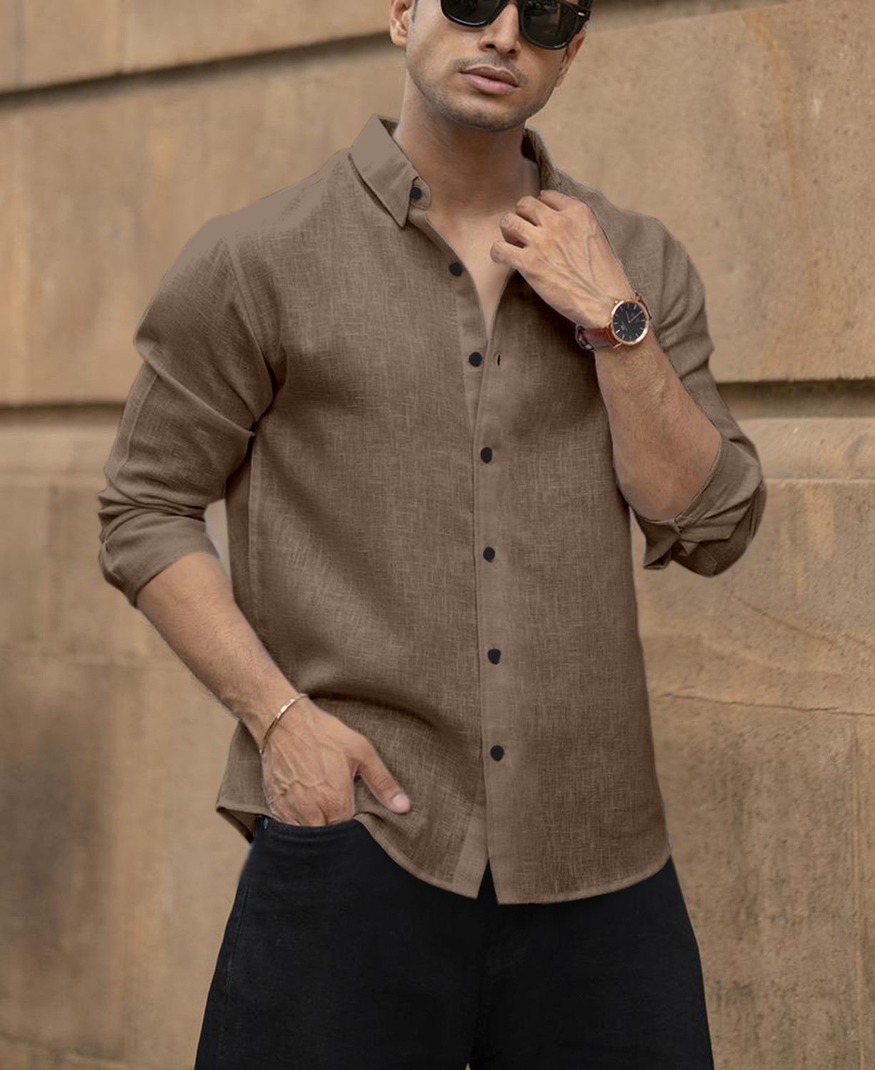 Image of savani taxtile industries Men Solid Casual Khaki Shirt