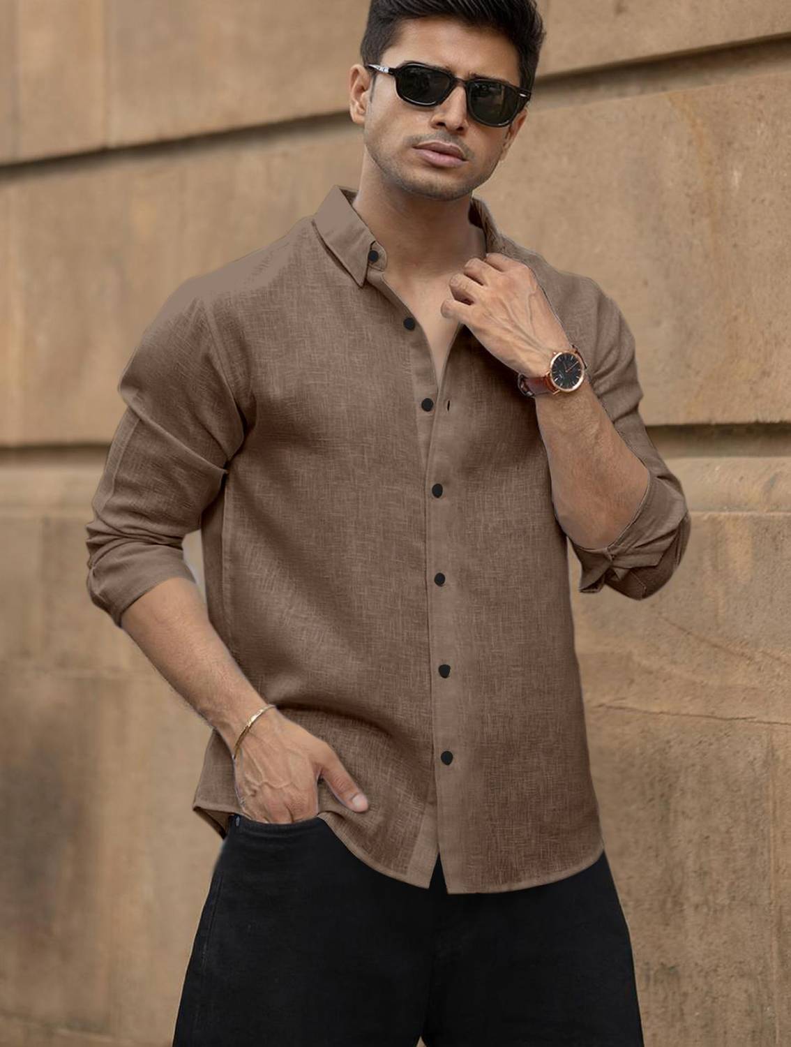 Shubhlakshmi Men Solid Casual Khaki Shirt
