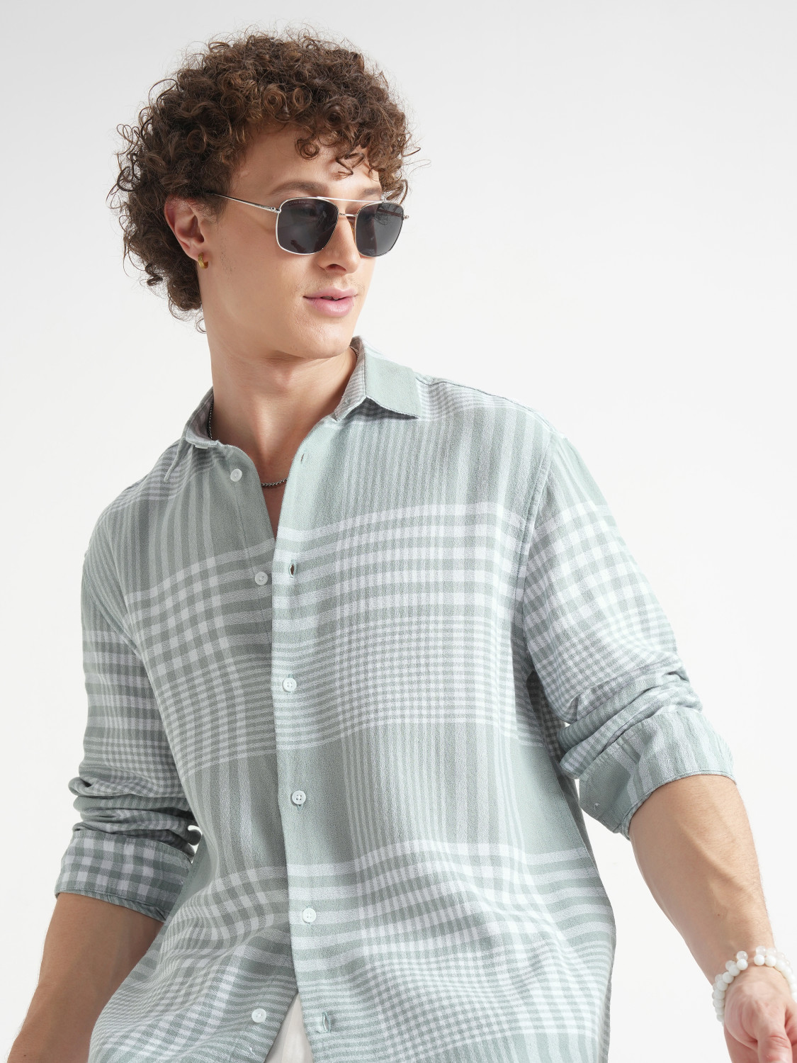 Image of LOCOMOTIVE Men Checkered Casual Green Shirt