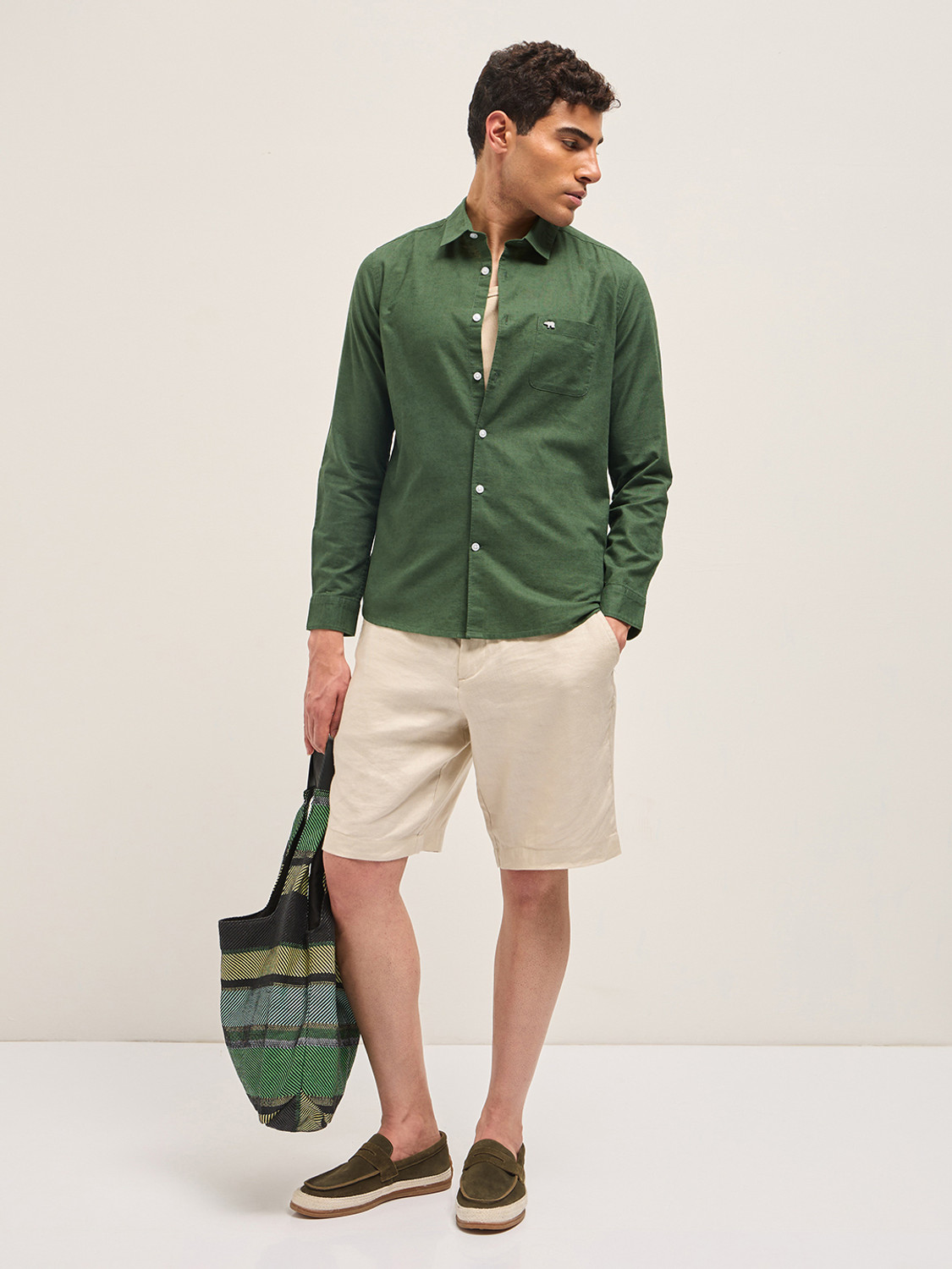 Image of THE BEAR HOUSE Men Solid Casual Light Green Shirt