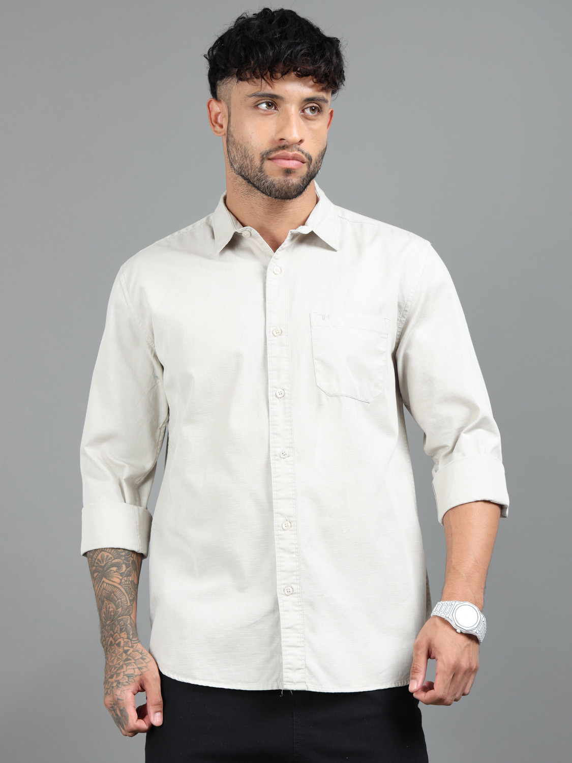 Image of Tom Mackler Men Solid Casual Cream Shirt