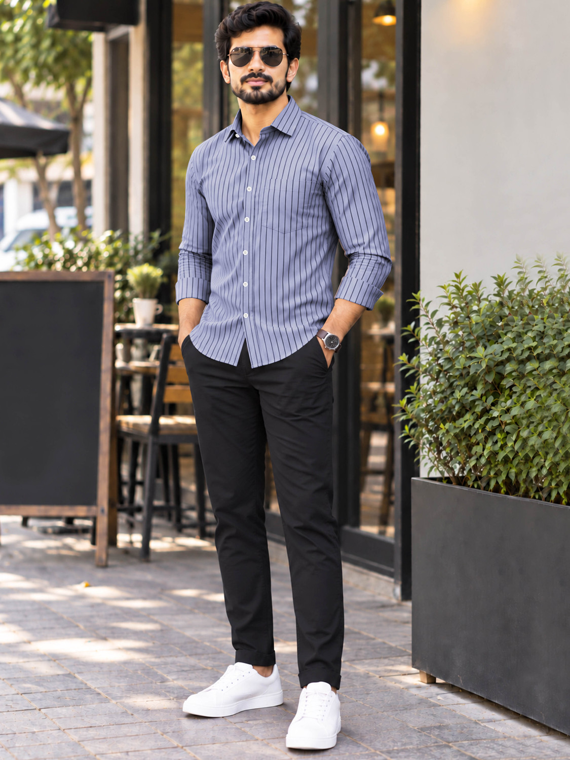 Image of VeBNoR Men Striped Formal Light Blue Shirt