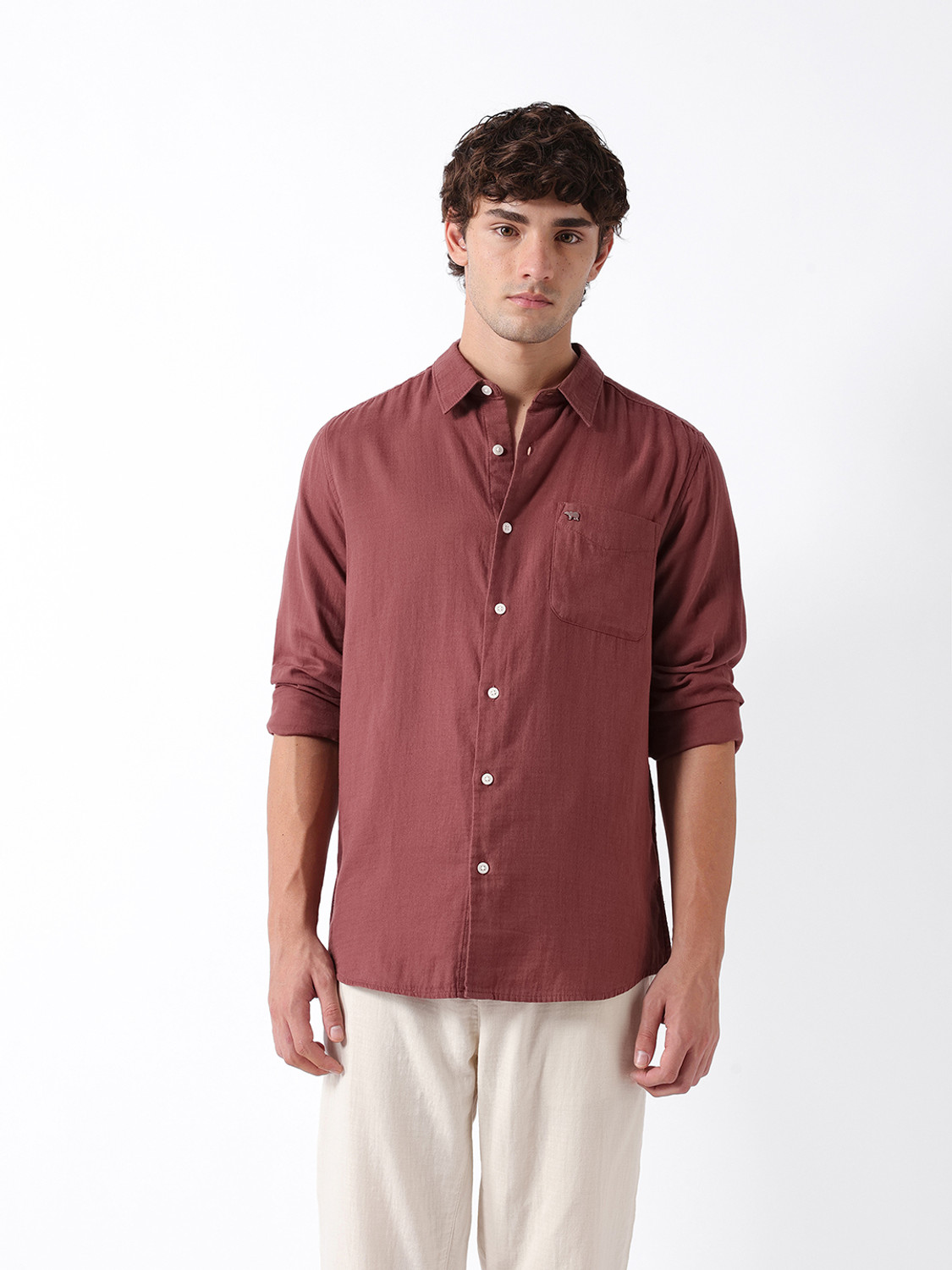 Image of THE BEAR HOUSE Men Solid Casual Maroon Shirt